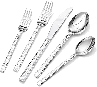 KINGSTONE 40-Piece Hammered Silverware Set for 8 | 18/10 Stainless Steel Flatware, Dishwasher Safe