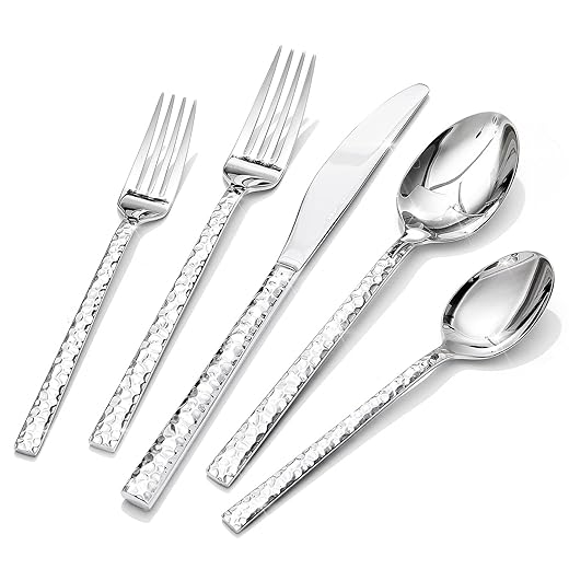 KINGSTONE 20 Piece Hammered Silverware Set, 18/10 Stainless Steel Flatware Set for 4, Cutlery Set for Home, Party, Wedding, Mirror Polished Dishwasher Safe
