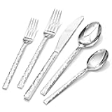 KINGSTONE 40 Piece Hammered Silverware Set, 18/10 Stainless Steel Flatware Set for 8, Cutlery Set for Home, Party, Wedding, Mirror Polished Dishwasher Safe