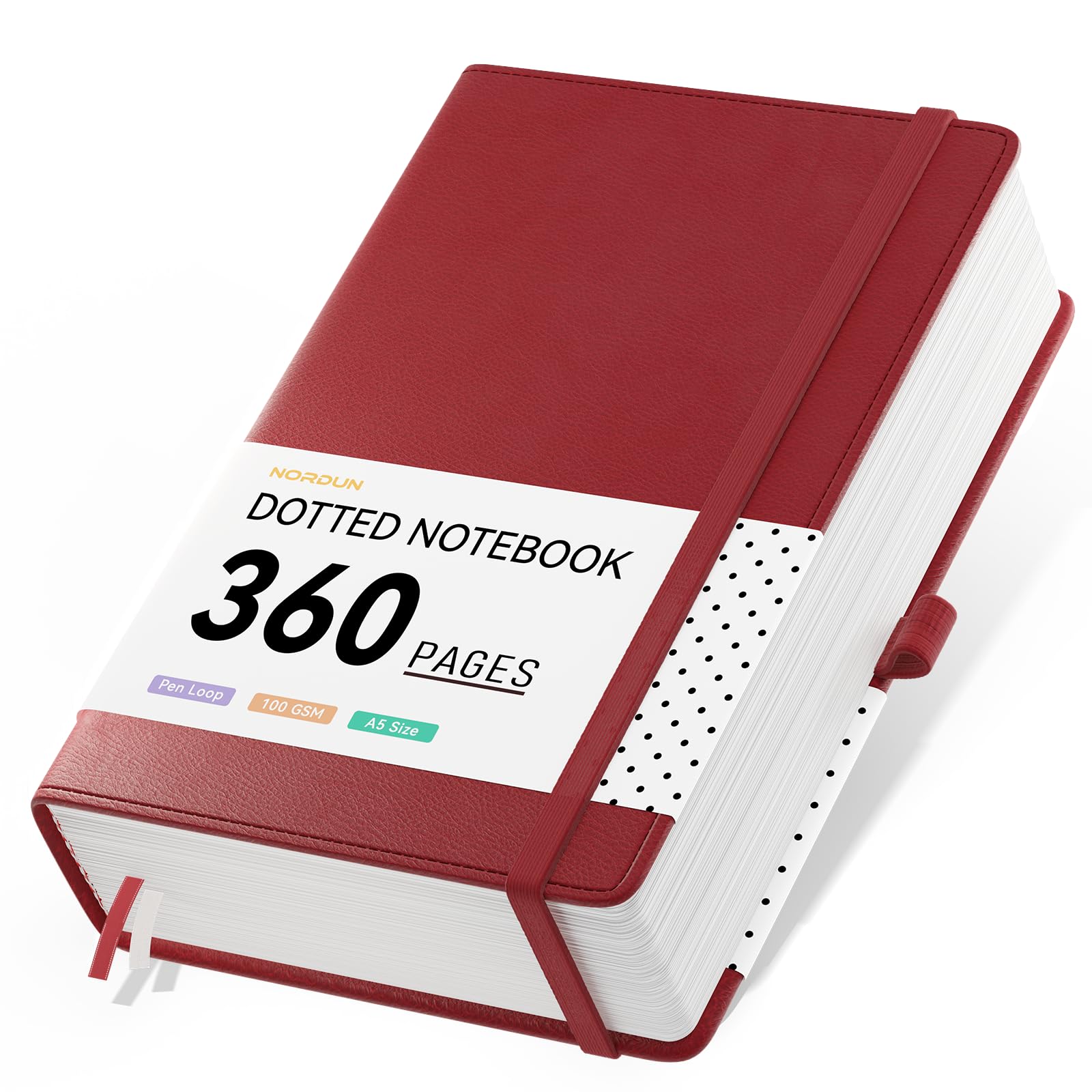 NORDUN Dotted Journal Notebook A5,360 Pages Thick Notebooks with Sticky Notes,100gsm Thick Paper Leather Journal for Women Men School Office Writing,14.5 x 21cm - Red