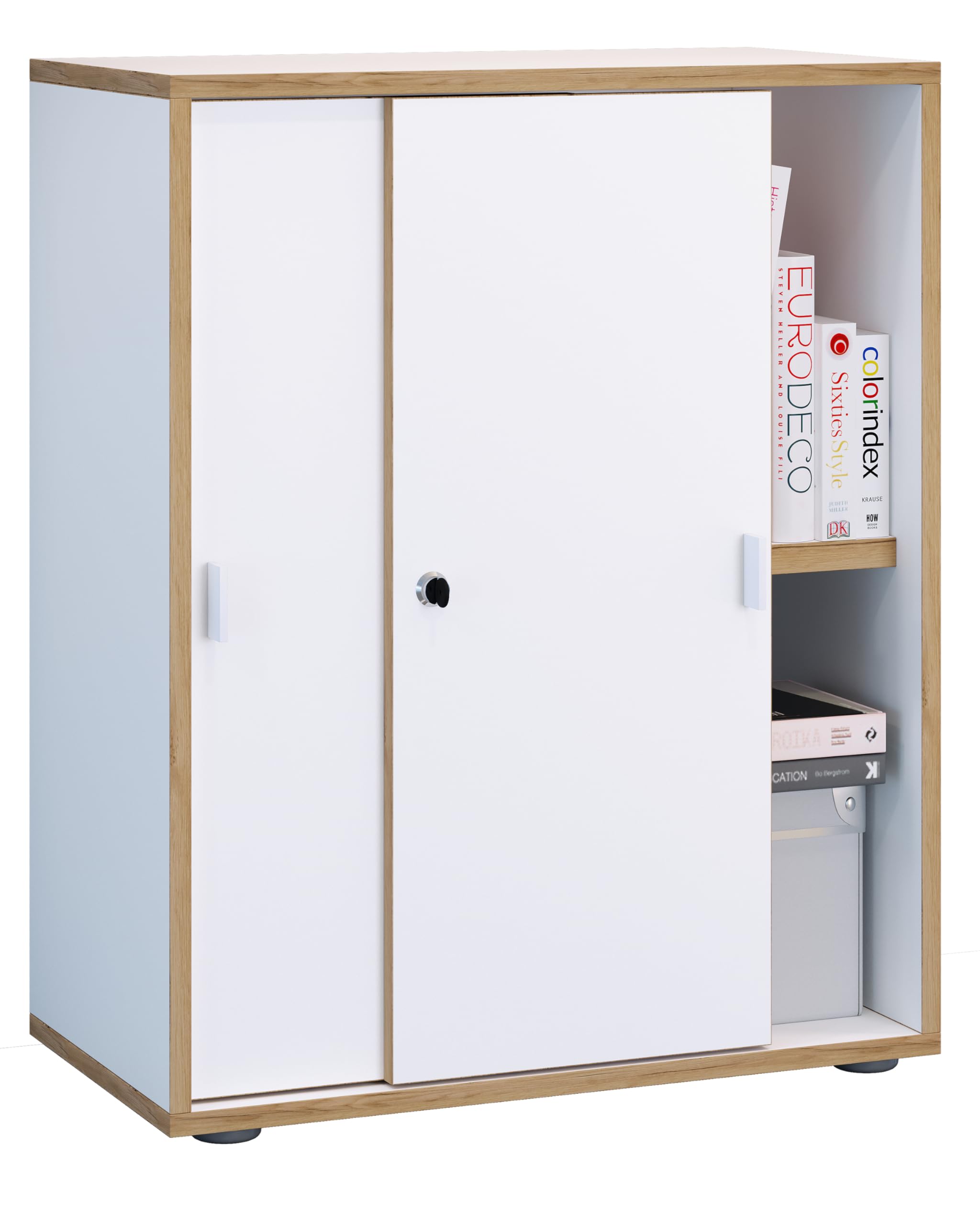 VCM Salia 2-Fach Büroschrank mit Schiebetüren, höhenverstellbarem Fachboden und Schloss – H 74 x B 60 x T 37 cm