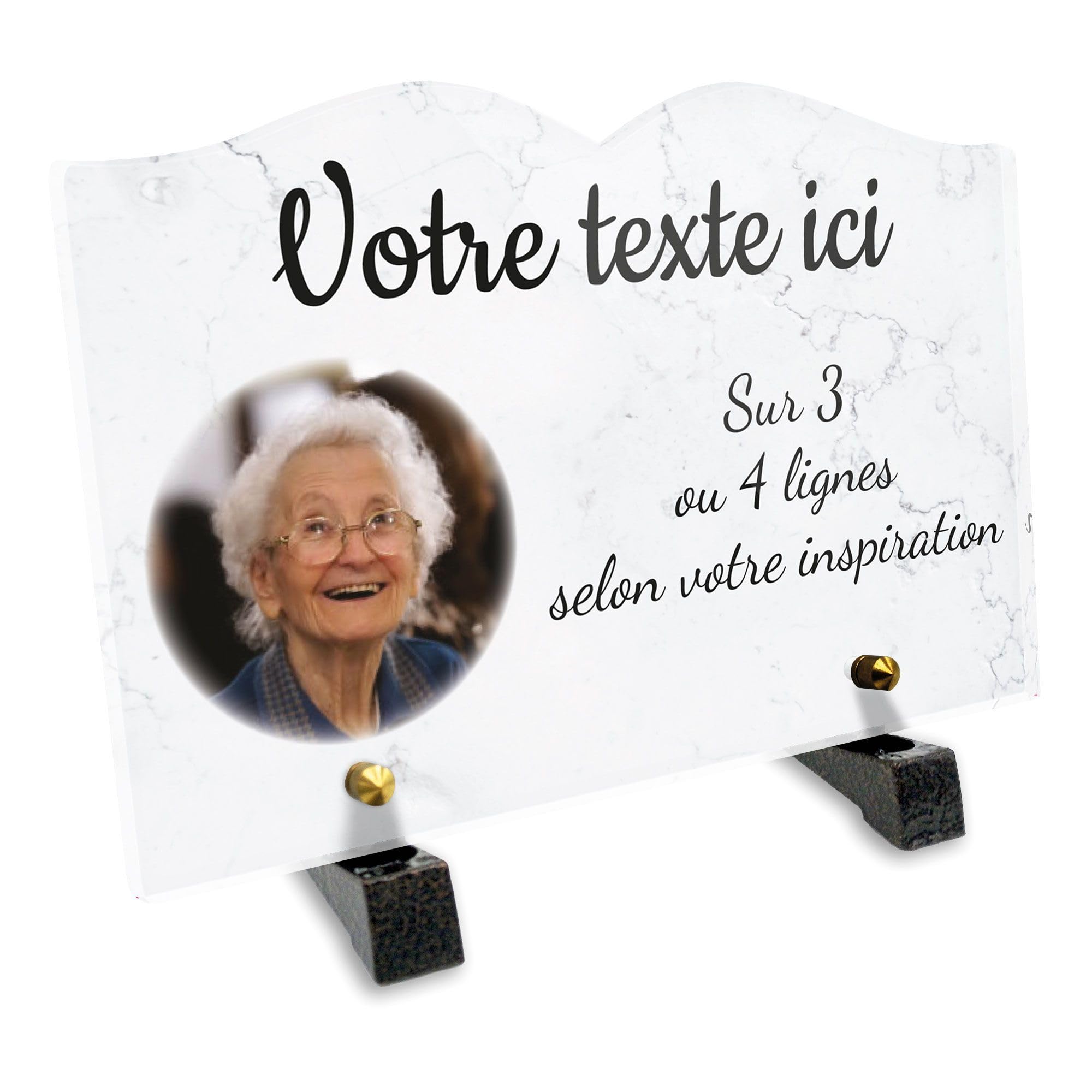 Targa funeraria con foto in plessi, personalizzabile con motivo marmo, diverse dimensioni, spessore 6 mm, personalizzata su più righe, 22 x 15 cm