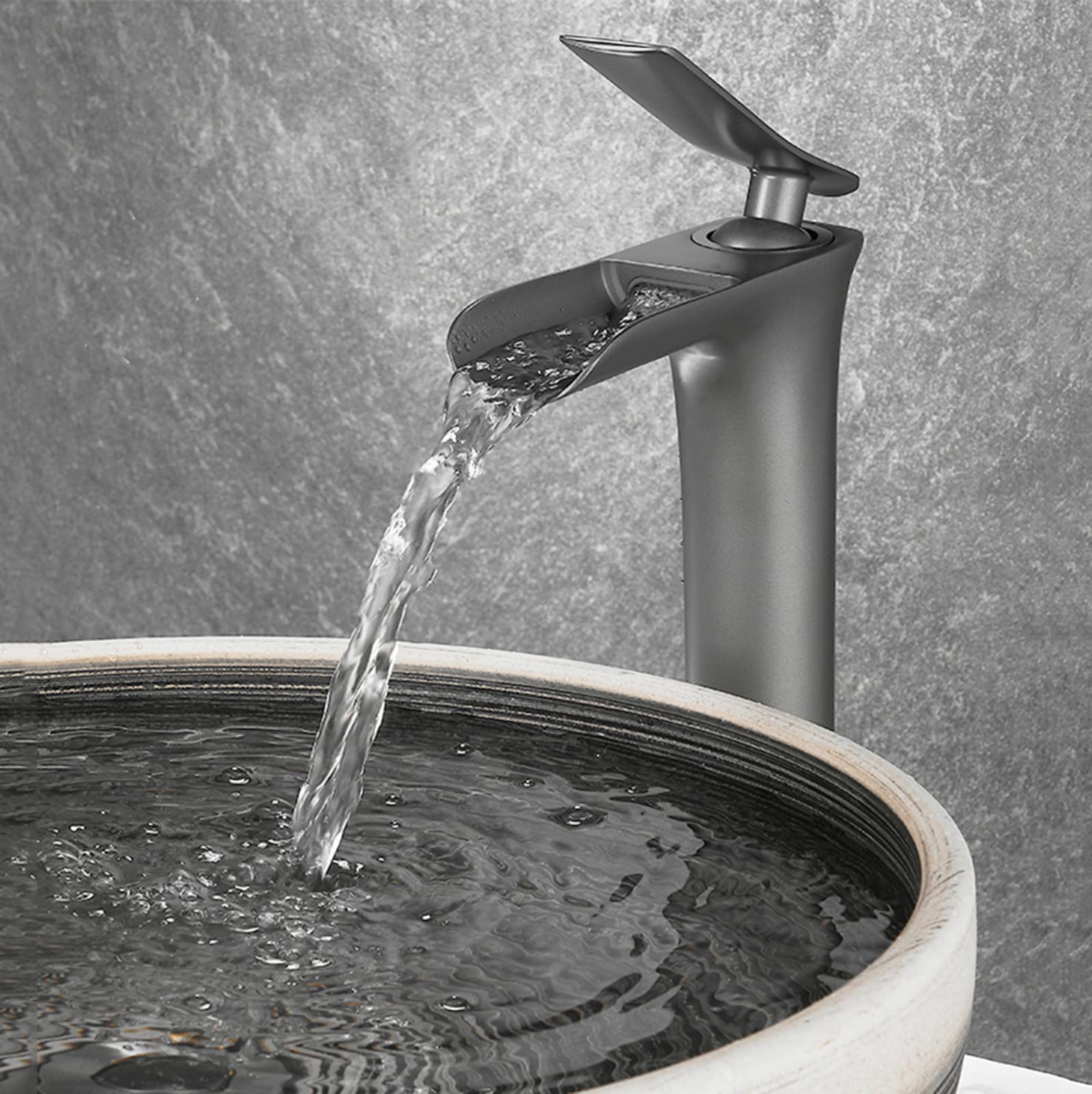 Wasserfall-Armatur Für Waschtisch – Schlanker Einloch-Hahn, G1/2 Anschluss, Aus Messing, Grau (Wasserfall-Auslass)