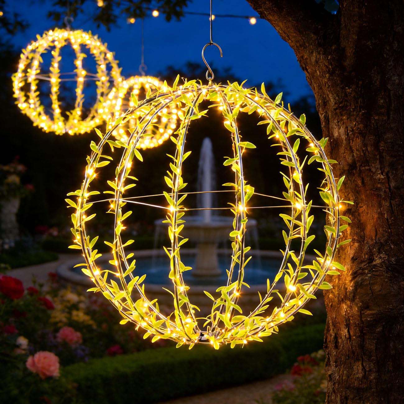 ideoon 4er-Set Solar Leuchtkugel im Blätterdesign - Ø40cm Gartenkugel mit 144 Warmweißen LEDs - IP44 Außenleuchte inkl. Erdspieß, S-Haken und Solarpanel