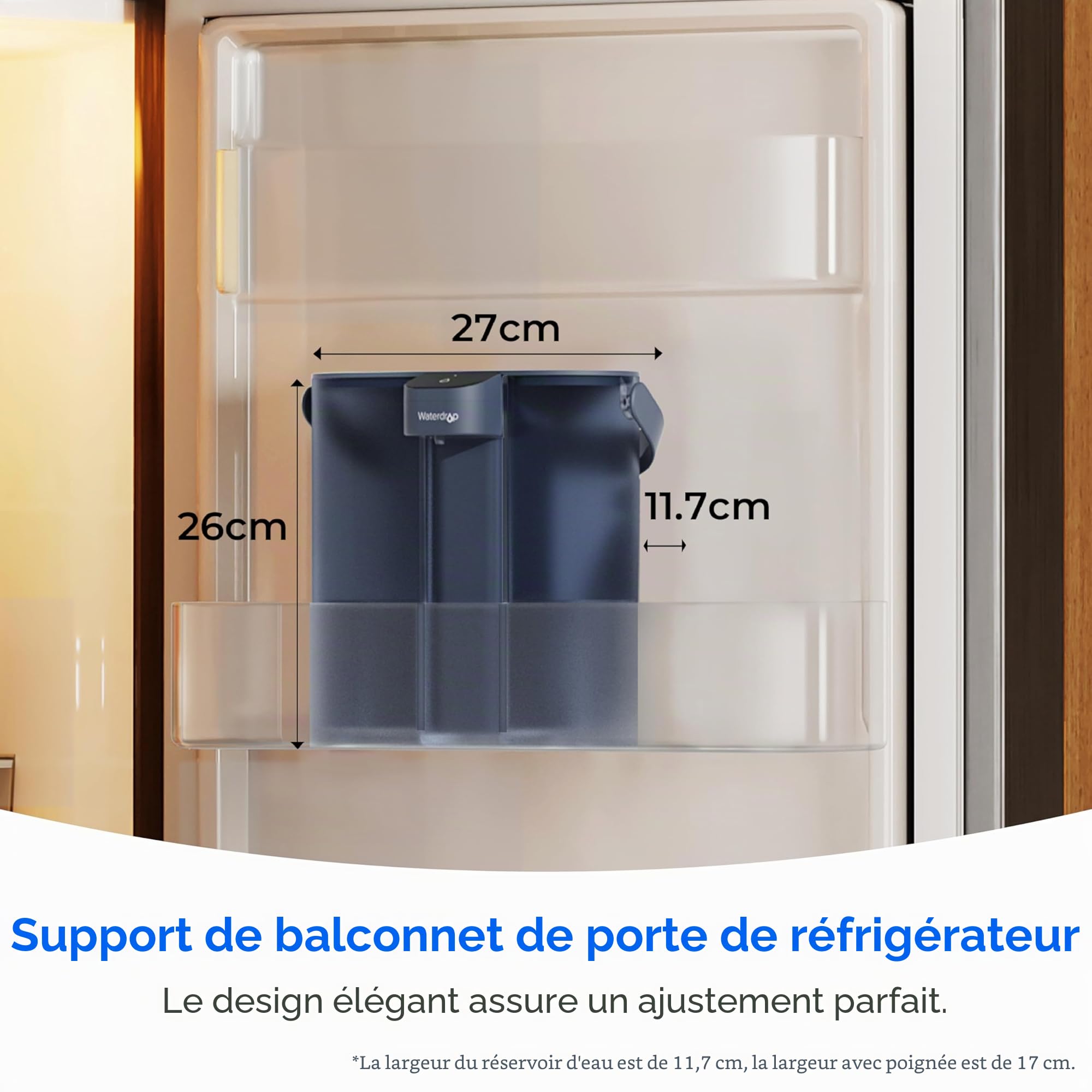 Waterdrop Carafe Filtrante Électrique Instantanée pour Réfrigérateur avec Filtre de 3 Mois, Système de Filtre à Eau de Comptoir, Réduit le Chlore, Plomb, Mercure, Réduit les PFAS, 757 Litres, Bleu
