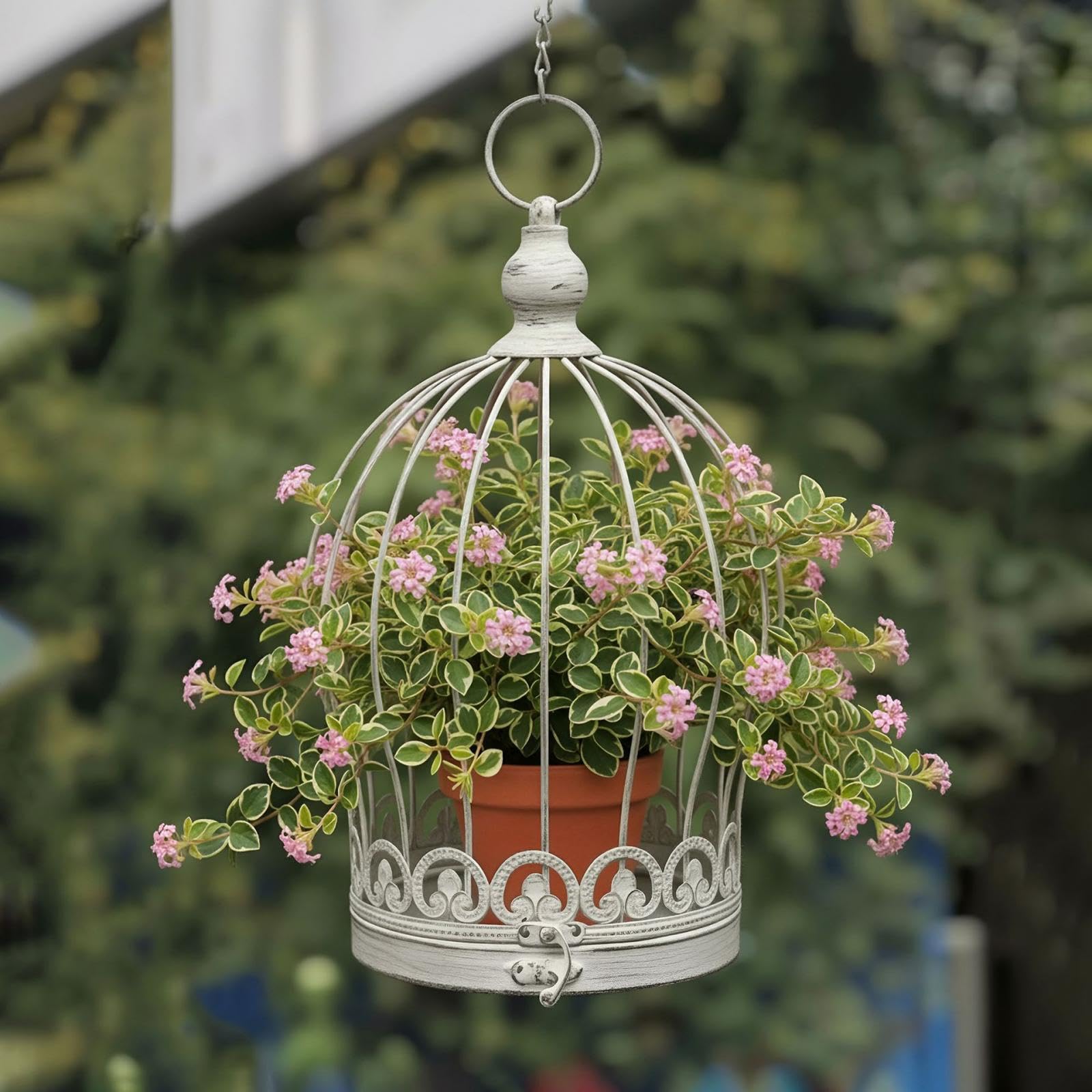 Cestino in Metallo Sospeso, Fioriera Sospesa, Supporto per Fiori a Forma di Gabbia per Uccelli, Portavaso per Balcone, Tavolo, Decorazione per La, Bianco