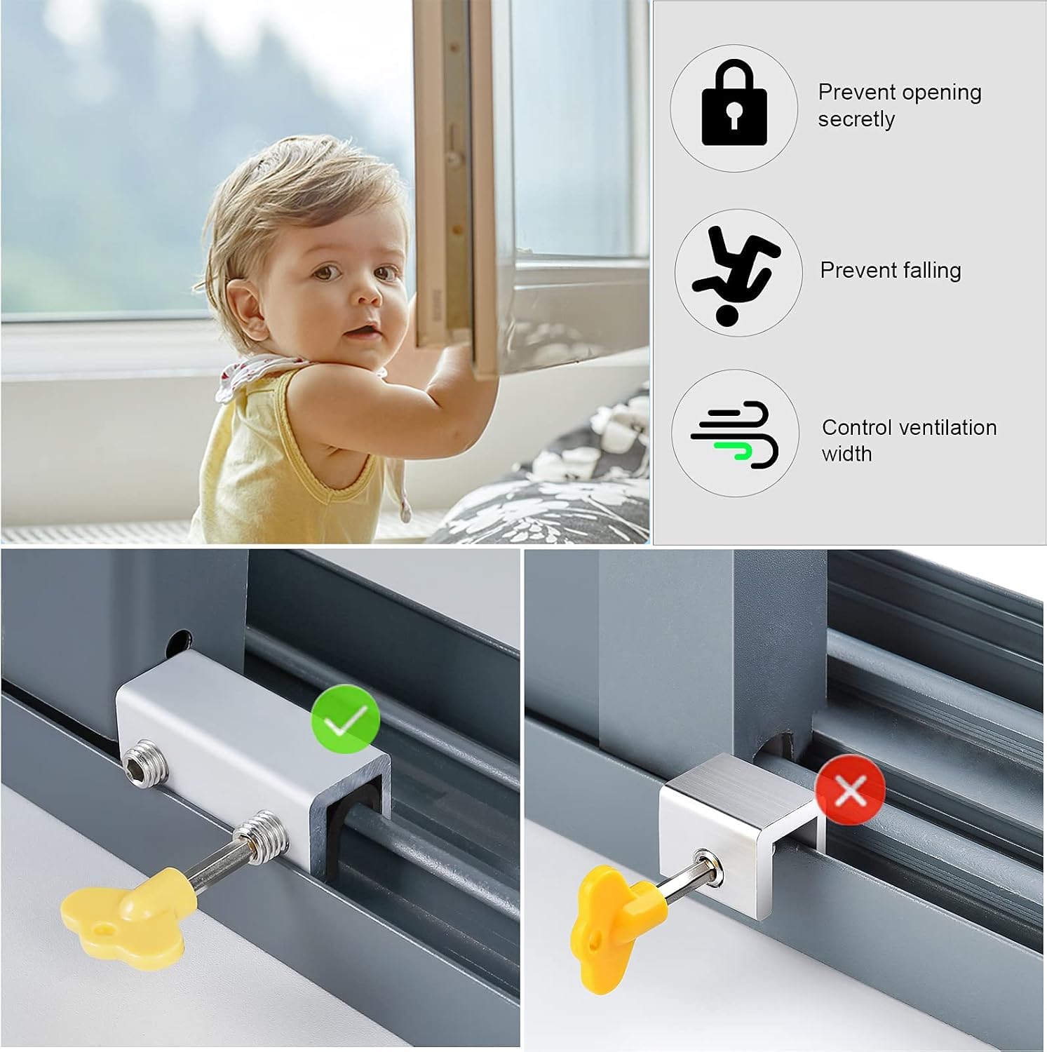 Lot de 8 verrous de fenêtre coulissants avec clé pour fenêtres coulissantes verticales et horizontales et portes coulissantes, verrous de fenêtre réglables pour terrasse, chambre à coucher, maison et