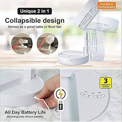 Miniatura 5 de Bell+Howell - Ventilador recargable, plegable, ultra ligero, portátil, compacto y extensible a 4 pies de altura con 3 modos de velocidad, como se ve