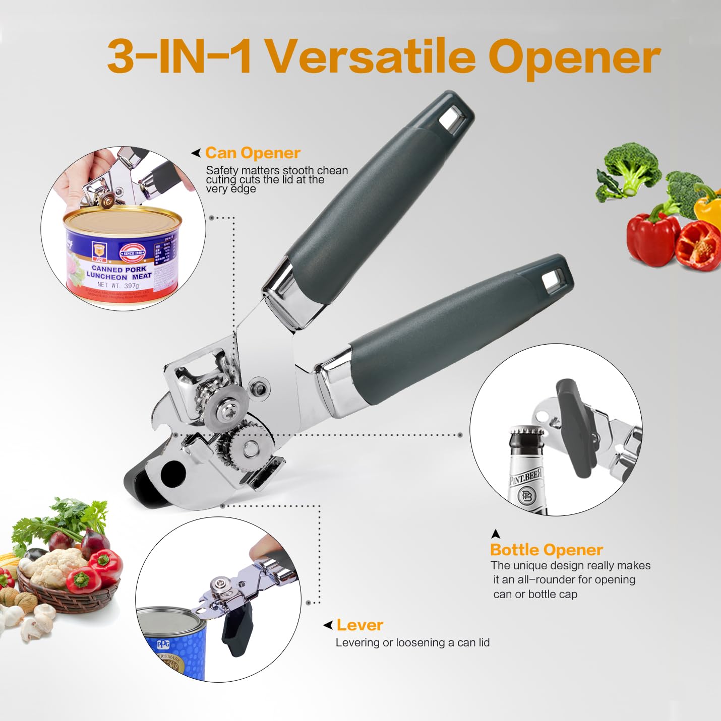 Can Opener, 3-In-1 Manual Can Openers, Cordless Tin Opener with Lids off Jar Opener and Bottle Opener in One, Smooth Edge and Heavy Duty Stainless Steel Sharp Blade