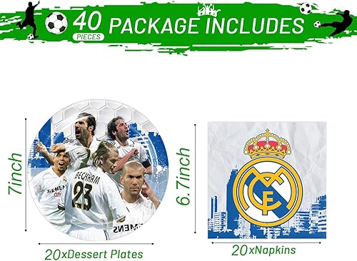 Miniatura 2 de 40 piezas de suministros para fiesta de cumpleaños del Real Madrid incluyen 20 platos, 20 servilletas para la decoración de la fiesta del Real Madrid