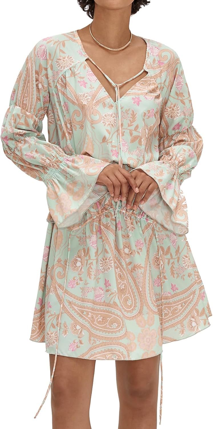 Floral Boho Dress for Women Long Bell Sleeve V Neck Mini Dress Smocked Empire Waist Beach Short Dresses Medium Floral-pink