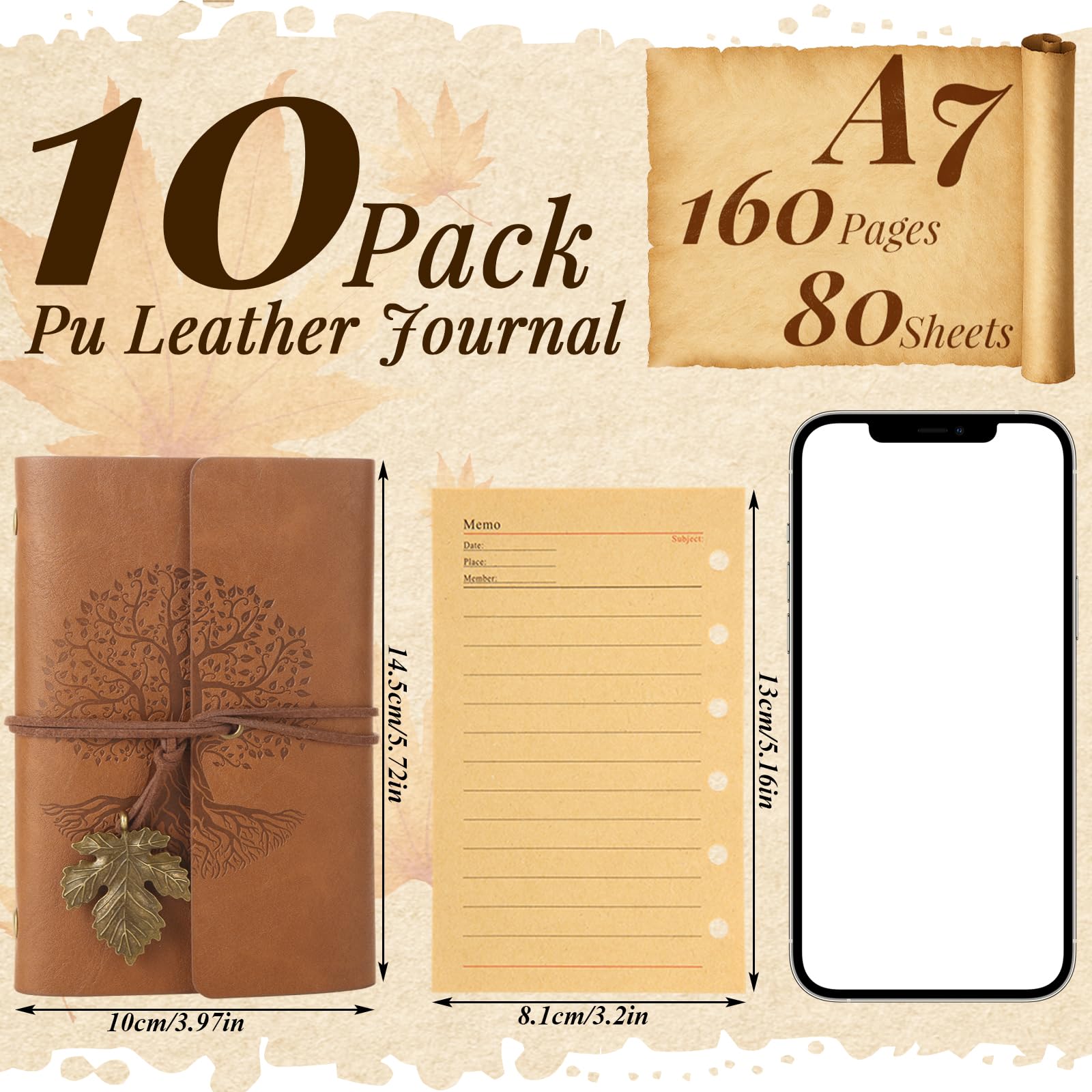 DAJAVE Confezione da 10 quaderni in pelle ecologica in poliuretano, formato A7, 9,9 x 14,5 cm, ricaricabili, stile vintage, per scrivere, 160 pagine/80 fogli di carta a righe, per donne e uomini