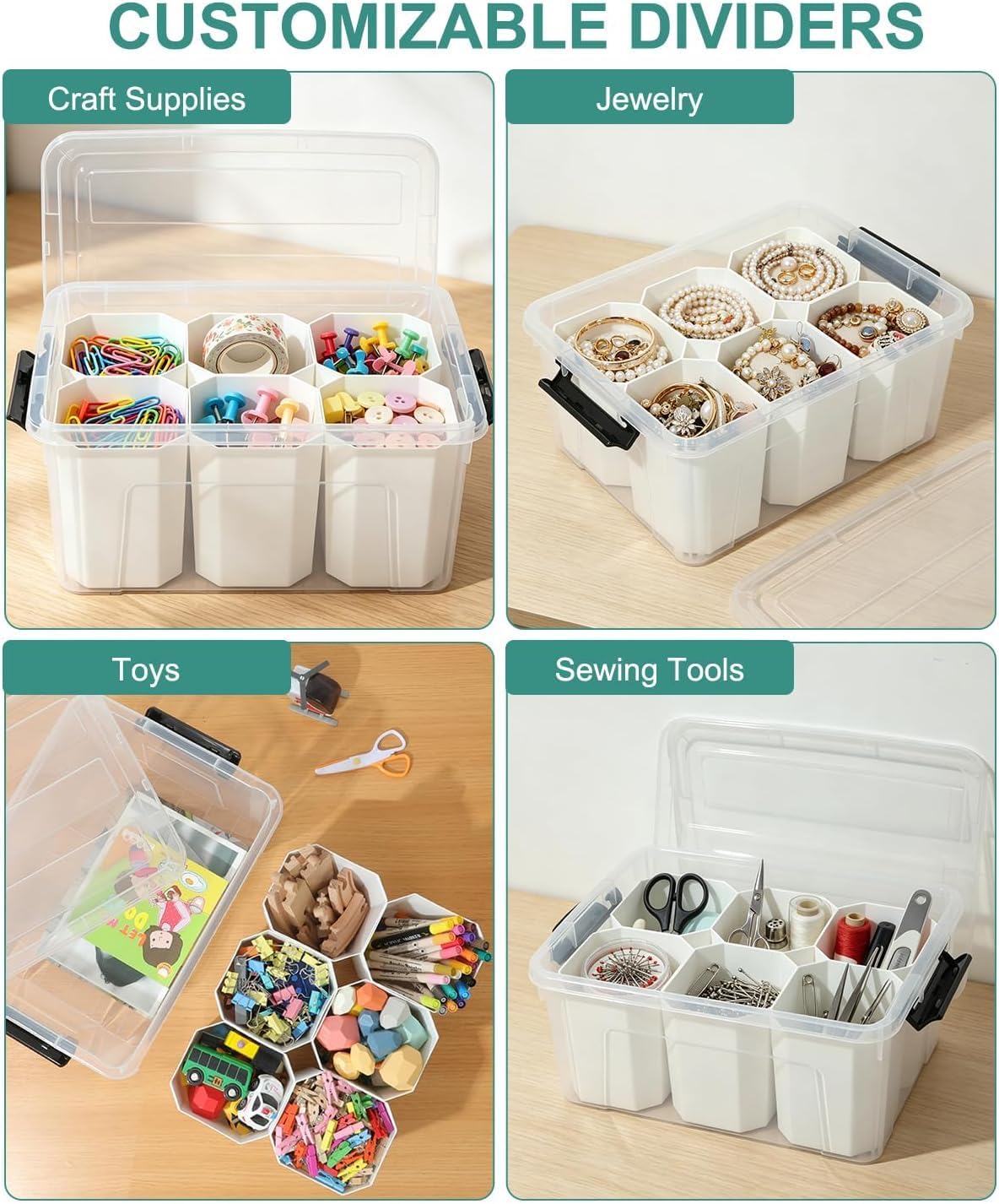 NUMIFUN 17QT Clear Storage Bins with Lids & Dividers for Crafts | Stackable 17-quart transparent box featuring 6 tall removable inserts. Perfect for organizing crafts, tools, toys & crayons
