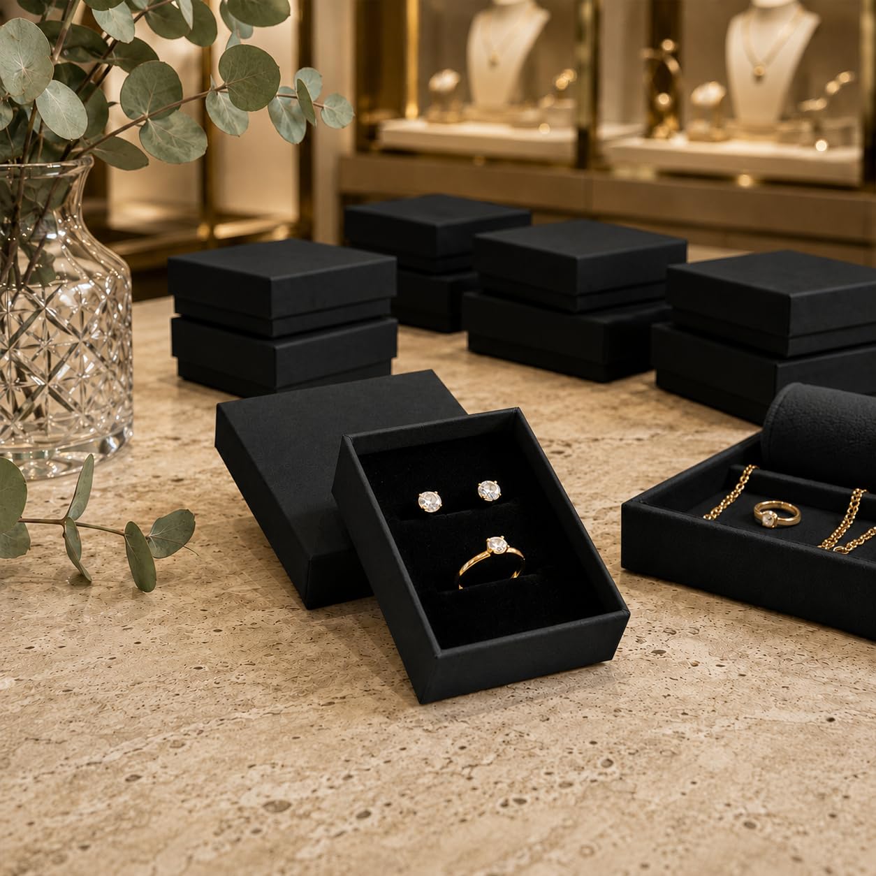 Emartbuy 48 Stück Schmuckkästchen Schwarz Karton Schmuck Anhänger Schachteln Ring Schachteln Geschenkbox für Jubiläum Hochzeit Geburtstag Größe - 9 cm x 7 cm x 2,5 cm