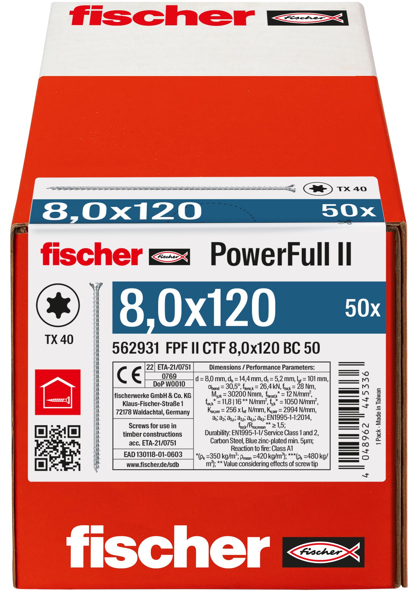 fischer PowerFull II 8.0 x 120, Premium Fully Threaded Screw (Pack of 50) with Innovative Tip Geometry - Image 2