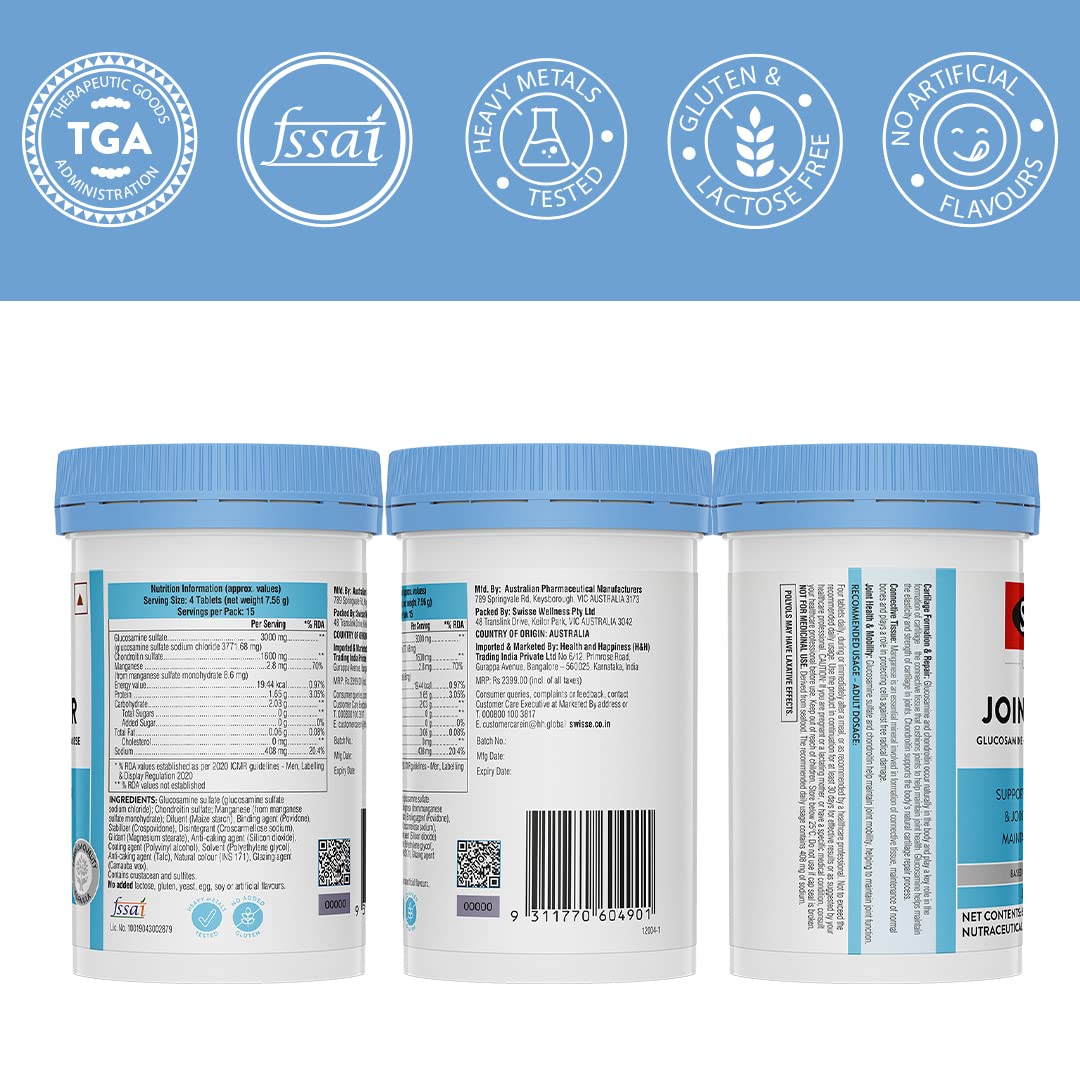 Swisse Joint Repair - Highest Glucosamine & Chondroitin Per Serving (3000mg Glucosamine, 1600mg Chondroitin) for Joint Pain & Cartilage Repair – 60 Tablets 1