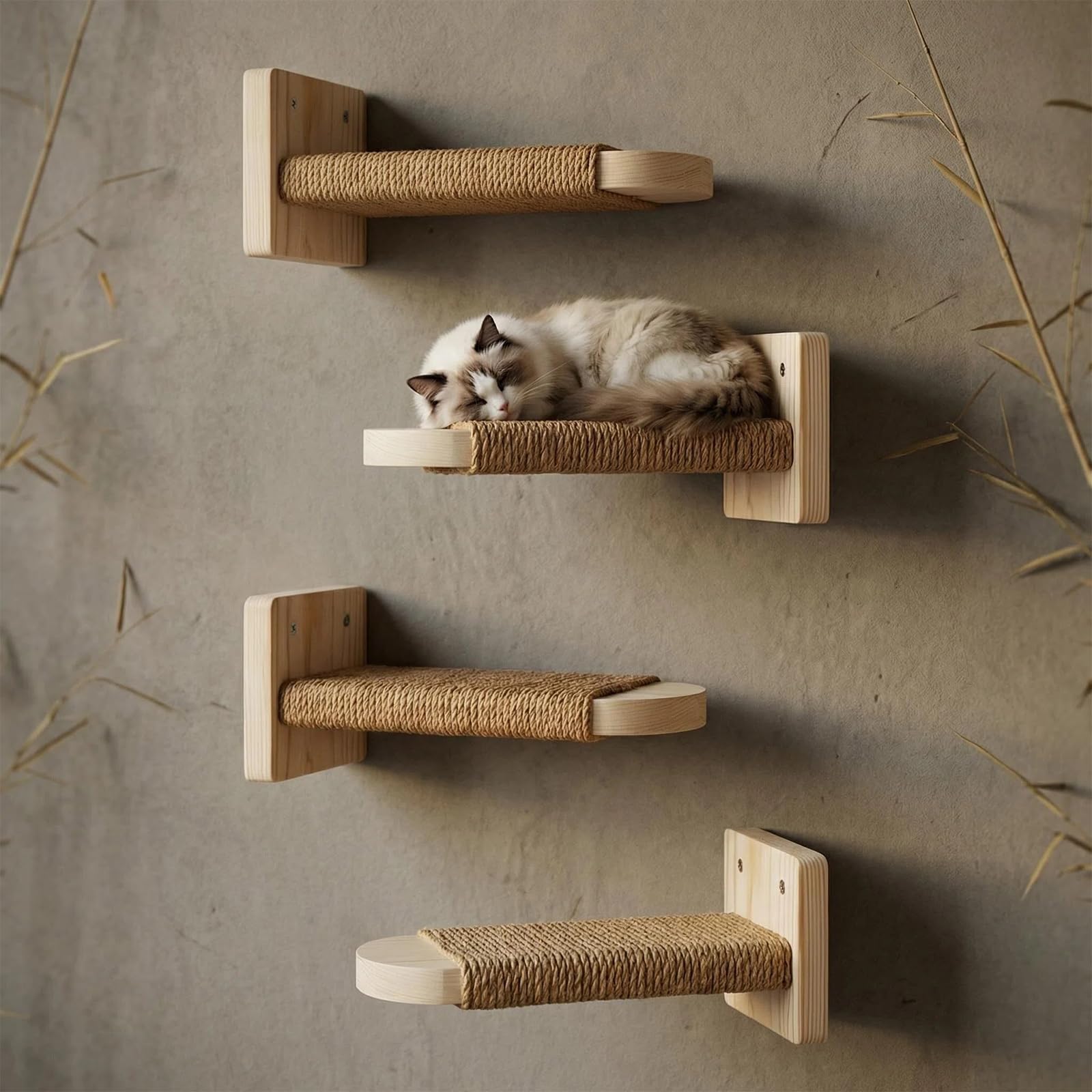 4 Stück Katzentreppe Wand: Holz Katzen Kletterwand aus Massives Gummiholz, Katzenleiter Set, Katzenwandstufen für Kletterspaß und entspannte Ruheplätze zu Hause, Stabile Wandliege bis 20 kg