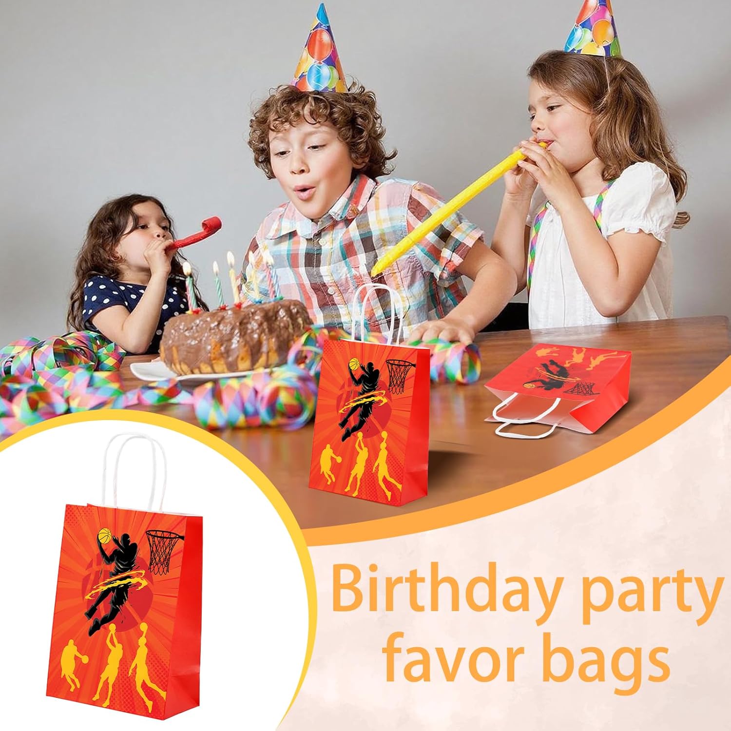 Vyndicca 24 PCS Basketball Goodie Bags, Basketball Party Favor Bags with Handles, Basketballs Gift Bag for Kids Sports Themed Birthday Party Supplies, Candy Treat Paper Bag, Red - Image 3