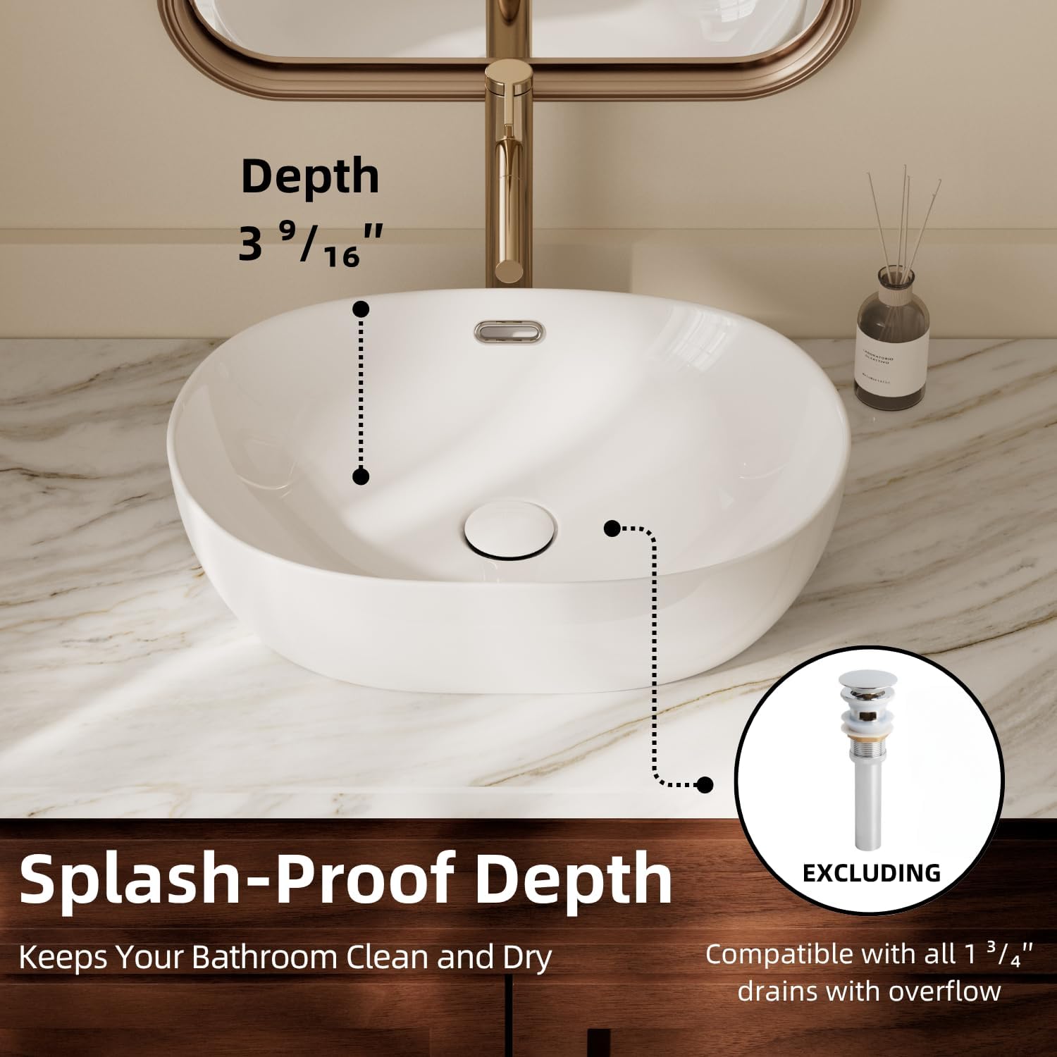 19"W x 14"D Oval Vessel Sink with Overflow, Los Flexi 19 Inch Oval White Ceramic Countertop Bathroom Sink, Small Vessel Sinks For Bathrooms, Easy Install Above Counter Basin