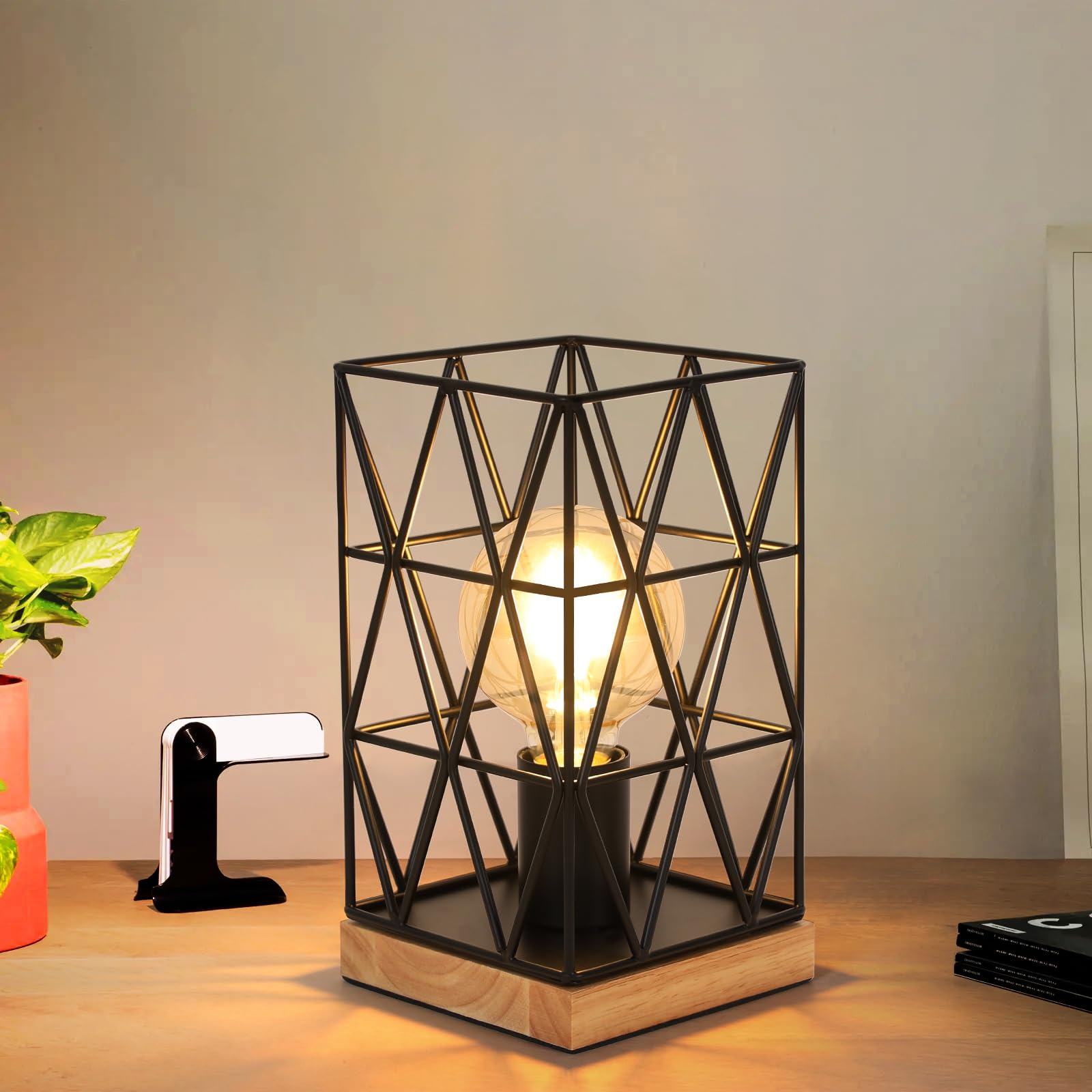Dorlink Lampada da Tavolo E27 Vintage, Metallo Nero Lampada da Scrivania, Telaio in Legno Abat Jour da Comodino, Lampada da Comodino Creativo, Luce Notturna per Camera, Sala Studio(Senza Bulbo)