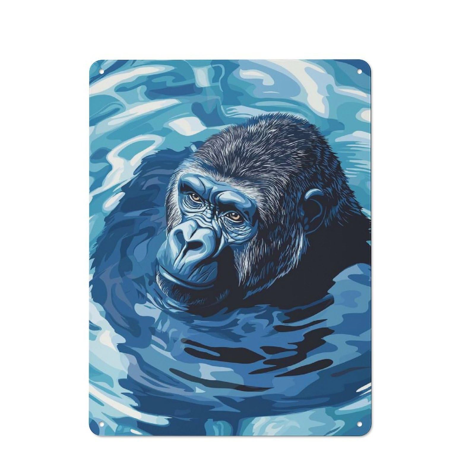 Junmoney Style Blue Gorilla In Water Digital Art Decorative Tin Plaque 40X30cm, Decorative Novelty Wall Art For Hallway, Home Bar, Garage Or Study