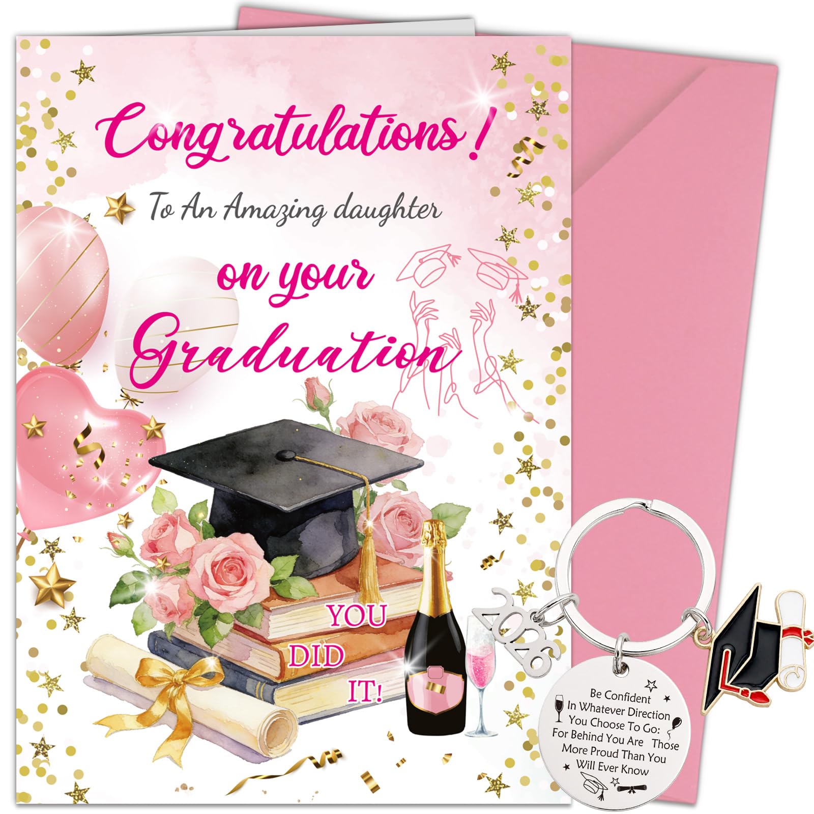 Daughter Graduation Card, Congratulations Cards and Keyring with Envelope, Class of 2026 University High School Graduation Gifts for Female