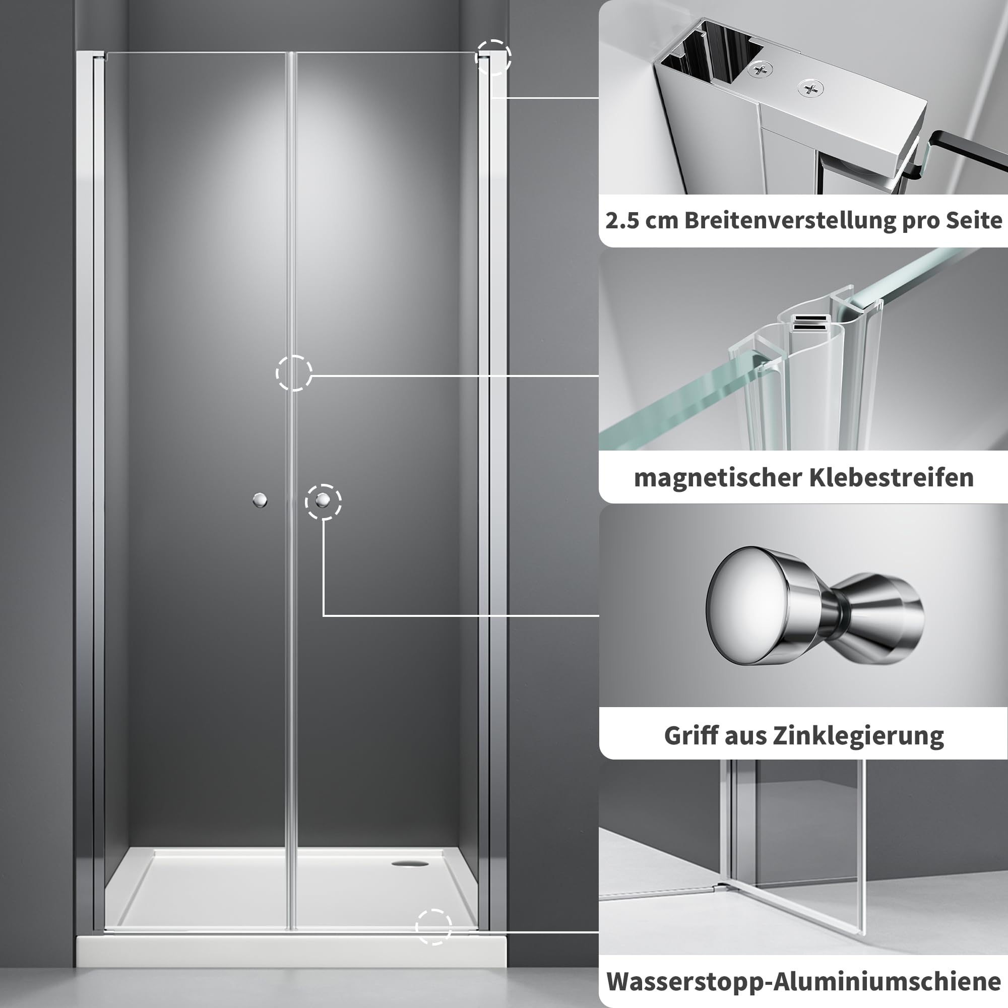 Duschkabine 76x185 cm, Pendeltür 75–80 cm, Duschtür Nische, Duschabtrennung aus 6 mm ESG Sicherheitsglas, Nano-Beschichtung, Schwingtür, Nischentür Dusche, Chrom