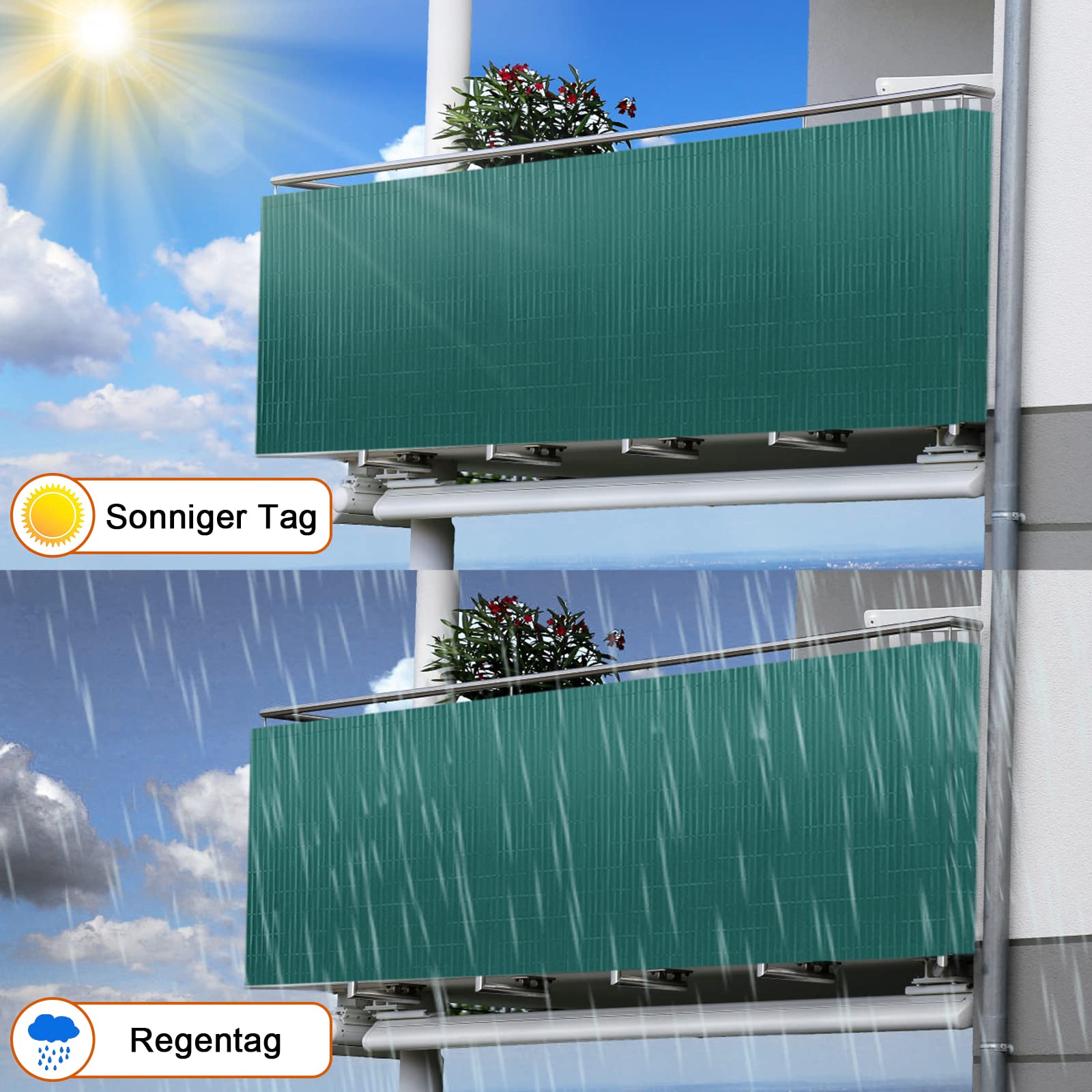 AufuN Recinzione frangivista in PVC, 180 x 600 cm, con fascette per cavi, standard, in bambù, protezione dal vento per giardino, balcone e terrazza, struttura interna a W, lamelle rinforzate (verde)