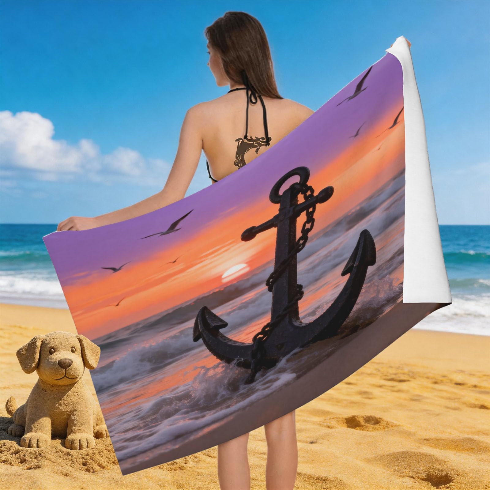 Leichong 3D Beach Sunset Beach Towel Microfiber Soft Quick Dry for Adults, Sunset Ocean View Bath Towel Lightweight Soft Absorbent for Travel Swimming Pool Sports, 75 x 150 cm