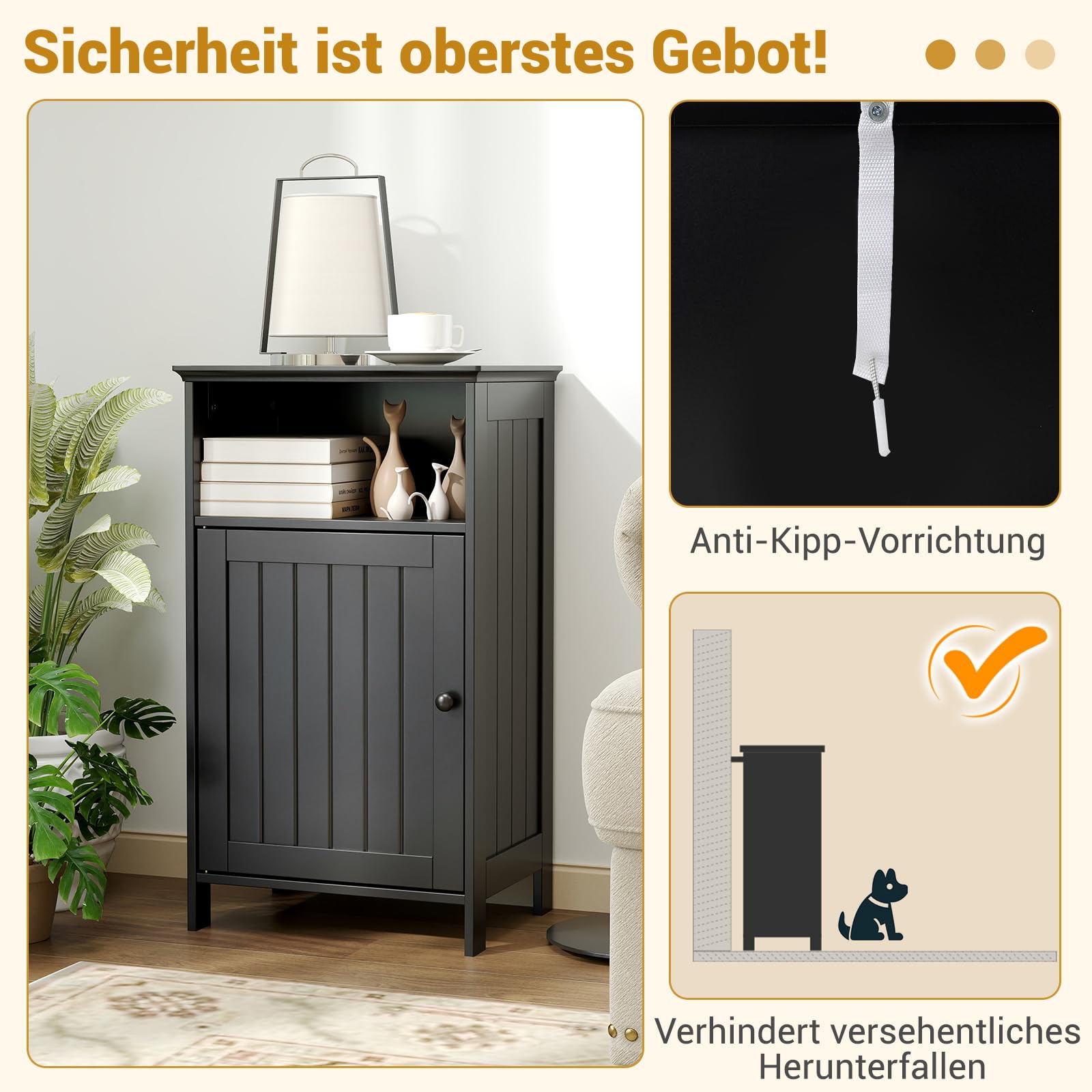 COSTWAY Badezimmerschrank, Badschrank mit Tür und verstellbarem Regal, Badezimmer Schrank freistehend, Aufbewahrungsschrank Holz für Badezimmer, Wohnzimmer, 40 x 30 x 70 cm (schwarz)