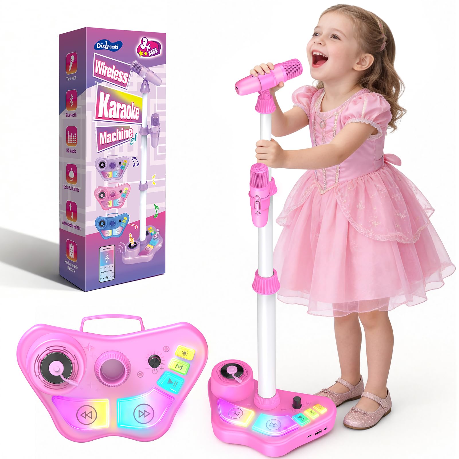 Dislocati Microfono con Supporto Regolabile per Bambini, Giocattoli Musicali con Luci LED, Altoparlante Bluetooth, Altezza Regolabile 47-108 cm, Rosa (Ideale per Festa, Regalo Bambina 3 Anni)