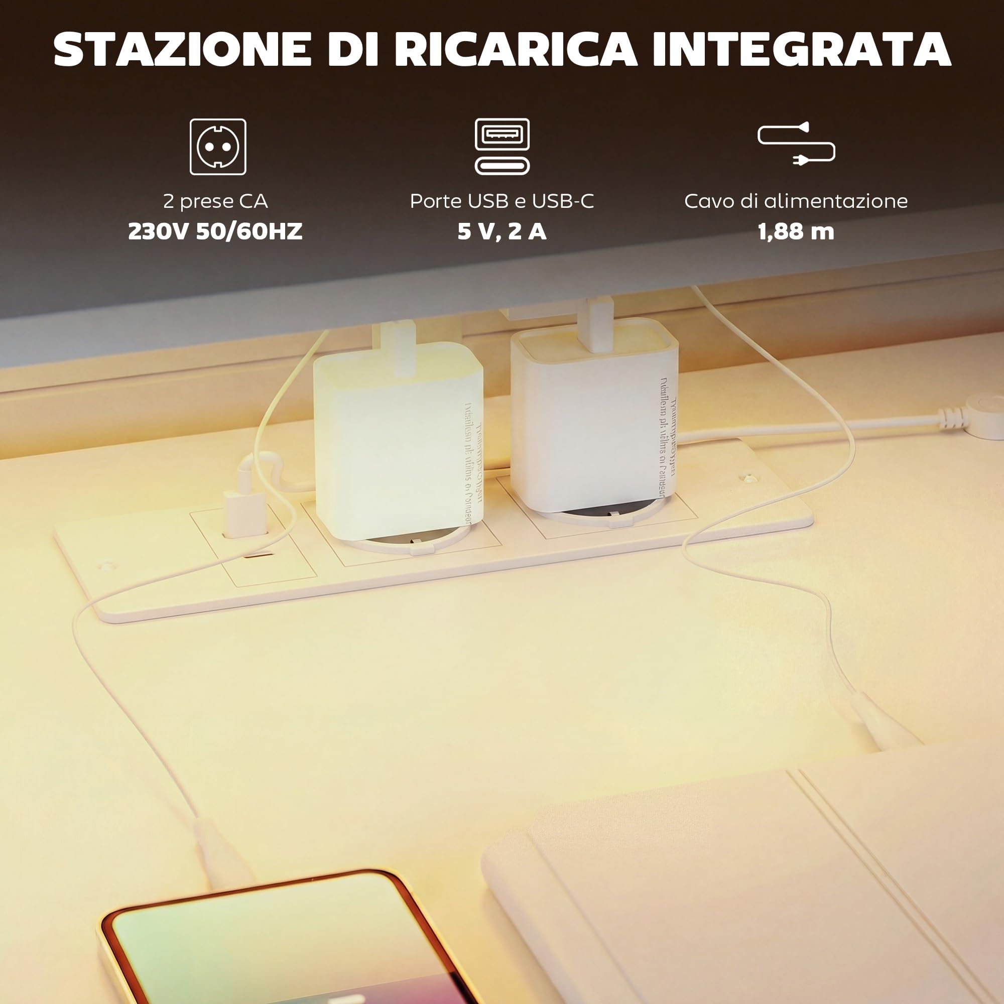 HOMCOM Scrivania Gaming con Supporto CPU Regolabile Reversibile e LED, 147x47cm Postazione Gaming con Stazione di Ricarica, Supporto per Monitor, 3 Cassetti in Tessuto, per Casa Ufficio Studio, Bianco