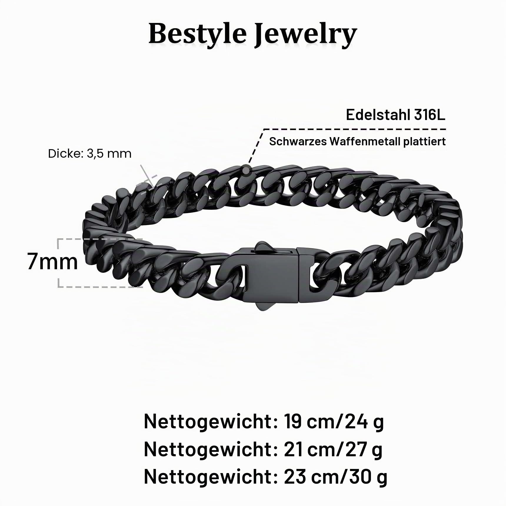 Bestyle Herren Armband 7mm breit Edelstahl Panzerkette Armkette schwer Glieder Link Kettenarmband Armreif Länge 23cm Schwarz