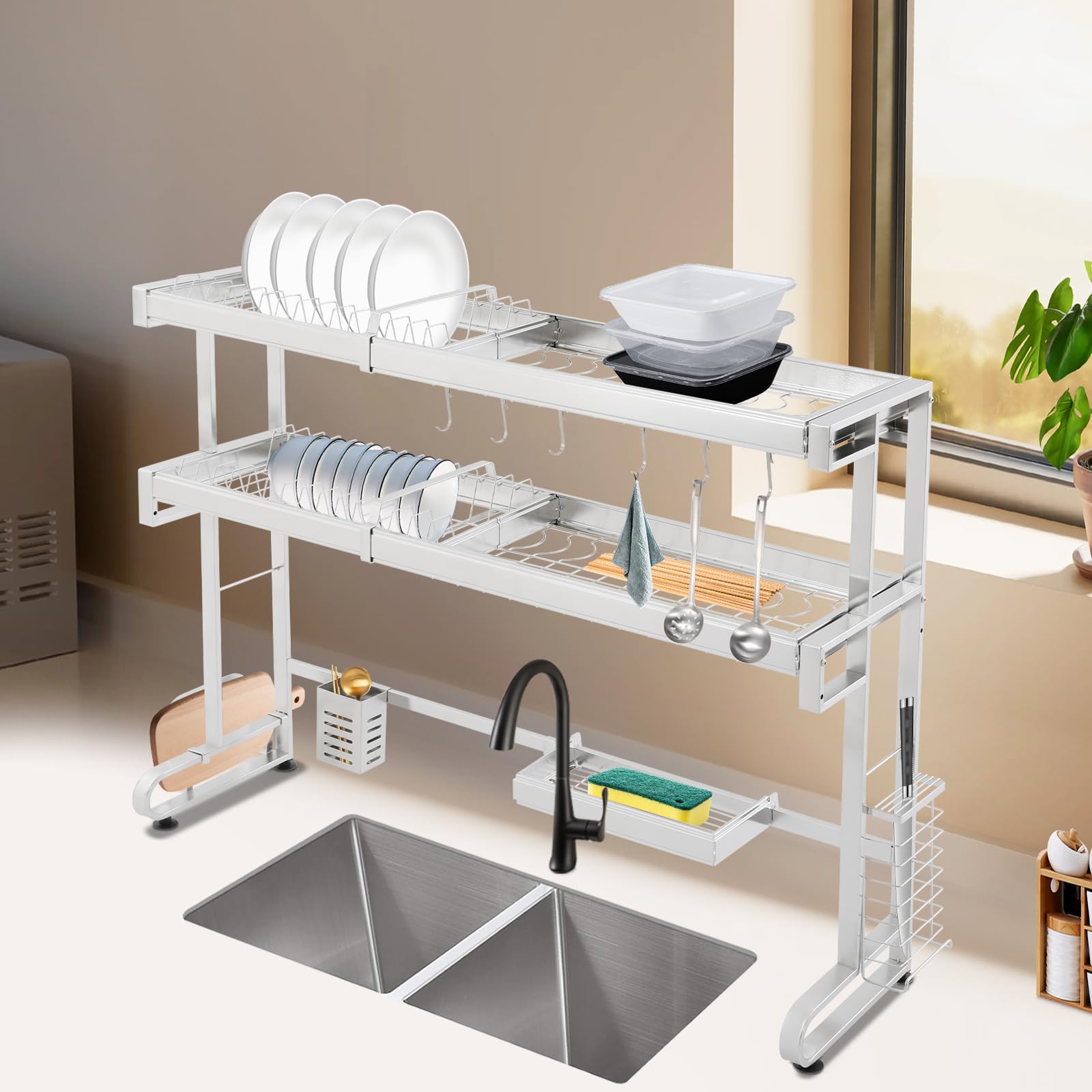 Geschirrtrockner Abtropfgestell Geschirr Abtropfständer, 2 Etagen Edelstahl Geschirrabtropfgestell mit Utensilienhalter & Haken für Küchentheken-Organisation, Breite verstellbar 59-98cm