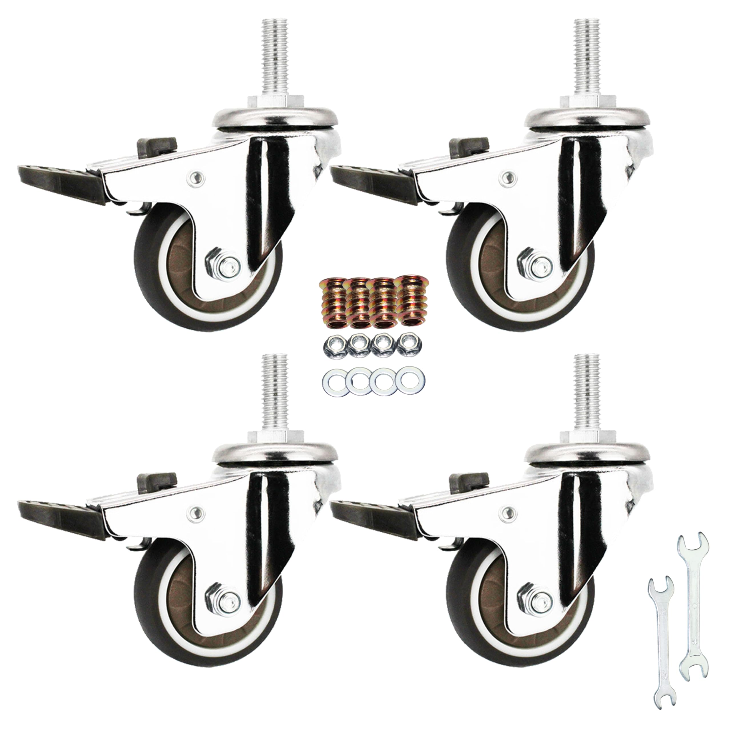 Roulettes à tige, tige pivotante à 360 degrés, roues en TPR avec filetage métrique M8 - 1,25 x 15 mm, roulettes industrielles pour chariots, meubles, chariots, établi (3,8 cm M8 - 1,25 x 15 mm, avec