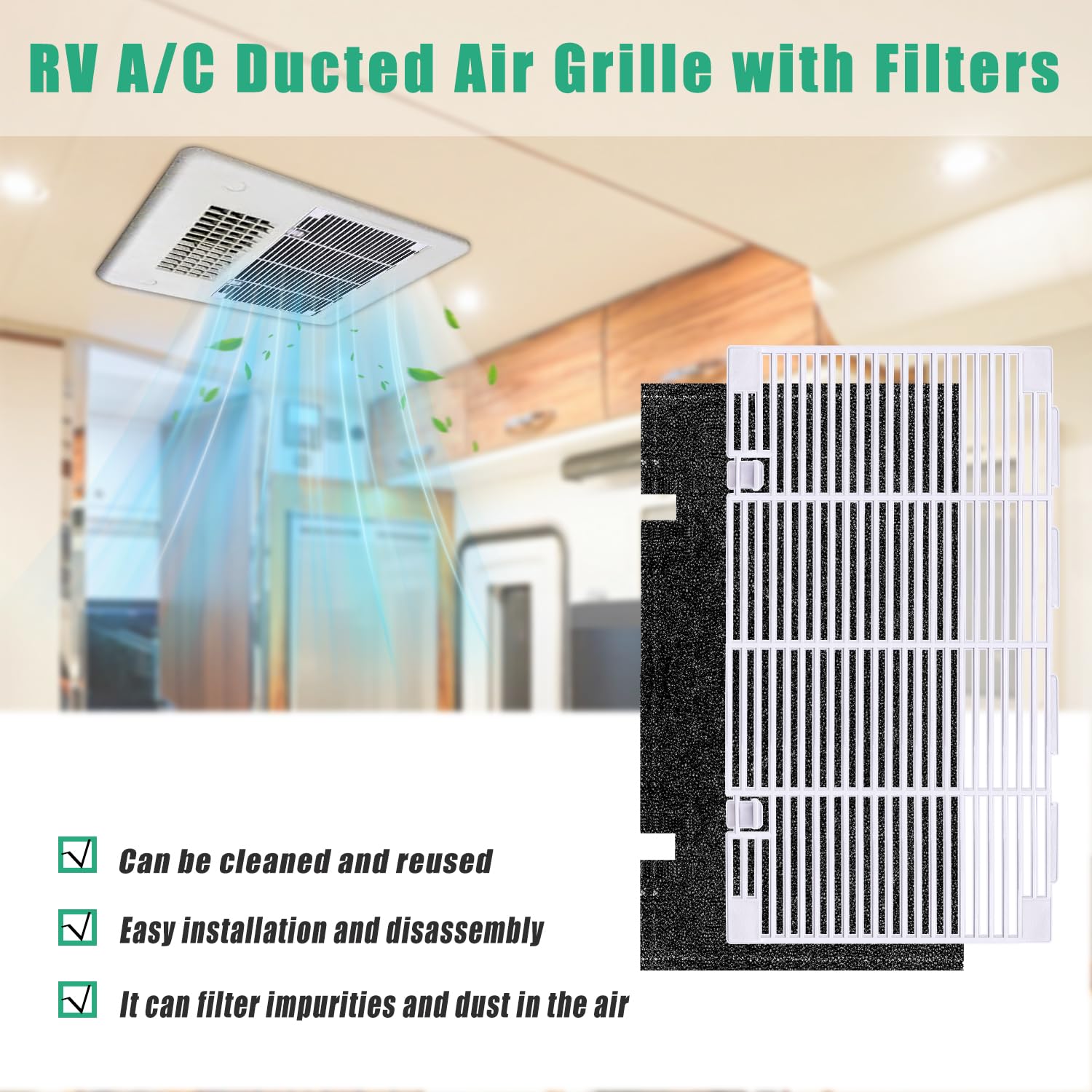 RV A/C Ducted Air Grille Replacement With Filter - Polar White For Dometic 3104928.019 (2 Sets)