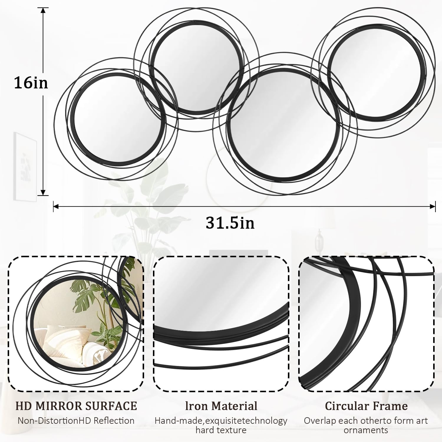 Round Decorative Wall Mirror, Black 4 Pcs Circle Modern Mirror Wall Art Ring Metal Mirrors Wall Mounted for Living Room Bedroom Entryway Dining Room Hallway 16x32 Inch