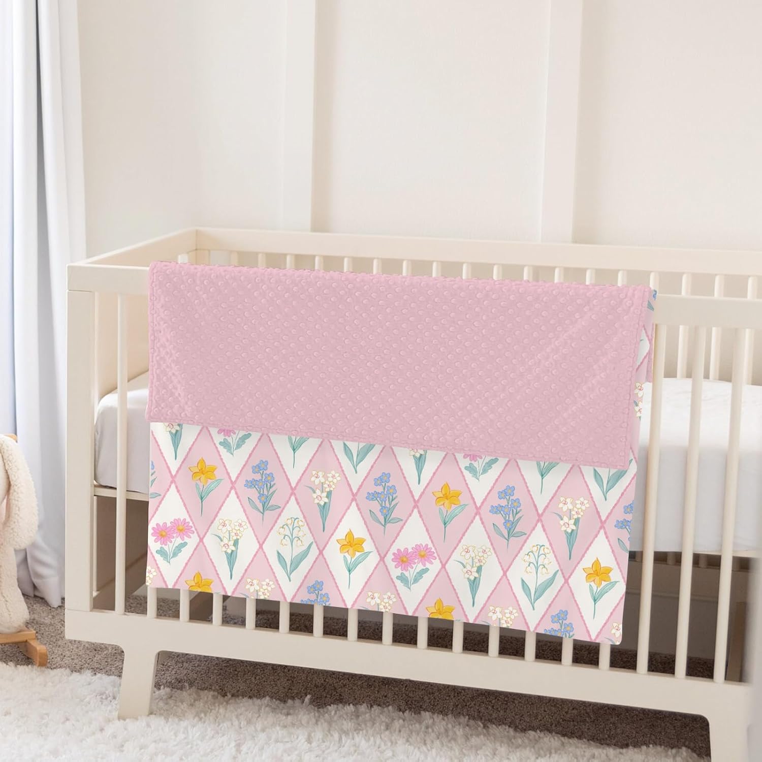 Wildflower Floral Patchwork Baby Blanket for Girl Boy Spring Flowers Grid Soft Mink Dotted Backing Double Layer Swaddle Blanket Garden Summer Florals Bed Throws for Newborn Toddler Crib 30x40 Pink