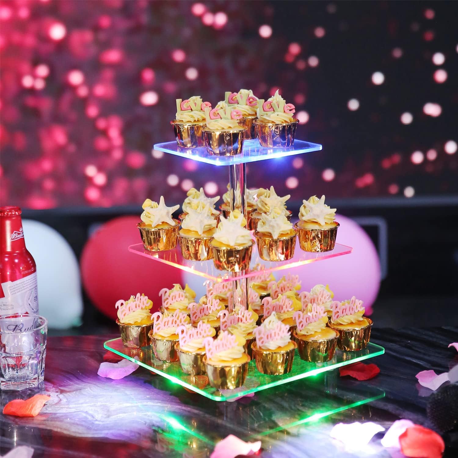 3 Piani Cupcake Stand, Ulifeme LED Ricaricabile Alzata, Supporto per Esposizione di Dolci Trasparente Quadrato, Torre di Cupcakes per Natale, Matrimoni, Anniversari, Feste Prenatalizie e Compleanni