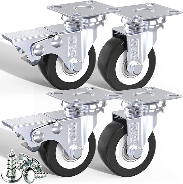 DSL 4 x 50mm PU Heavy Duty Double Bearing 2 Castor with 2 Braked Rubber Swivel Castor Wheel Trolley Furniture Caster 240KG + Free Fitting