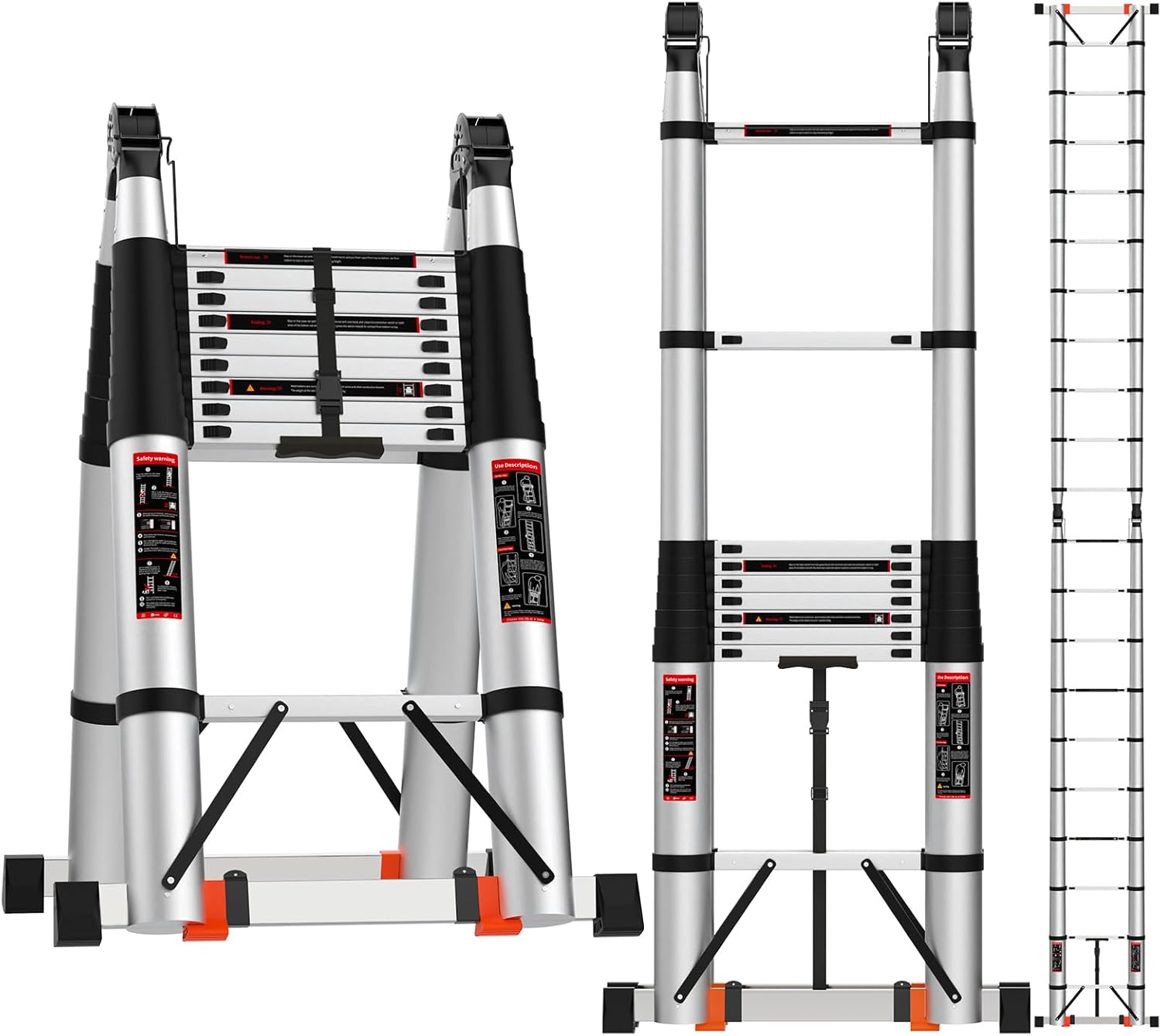 Telescoping Aluminum Ladder,One-Button Retraction, Indoor/Outdoor Use(26.25FT Aluminum Collapsible Ladder), Black and Silver