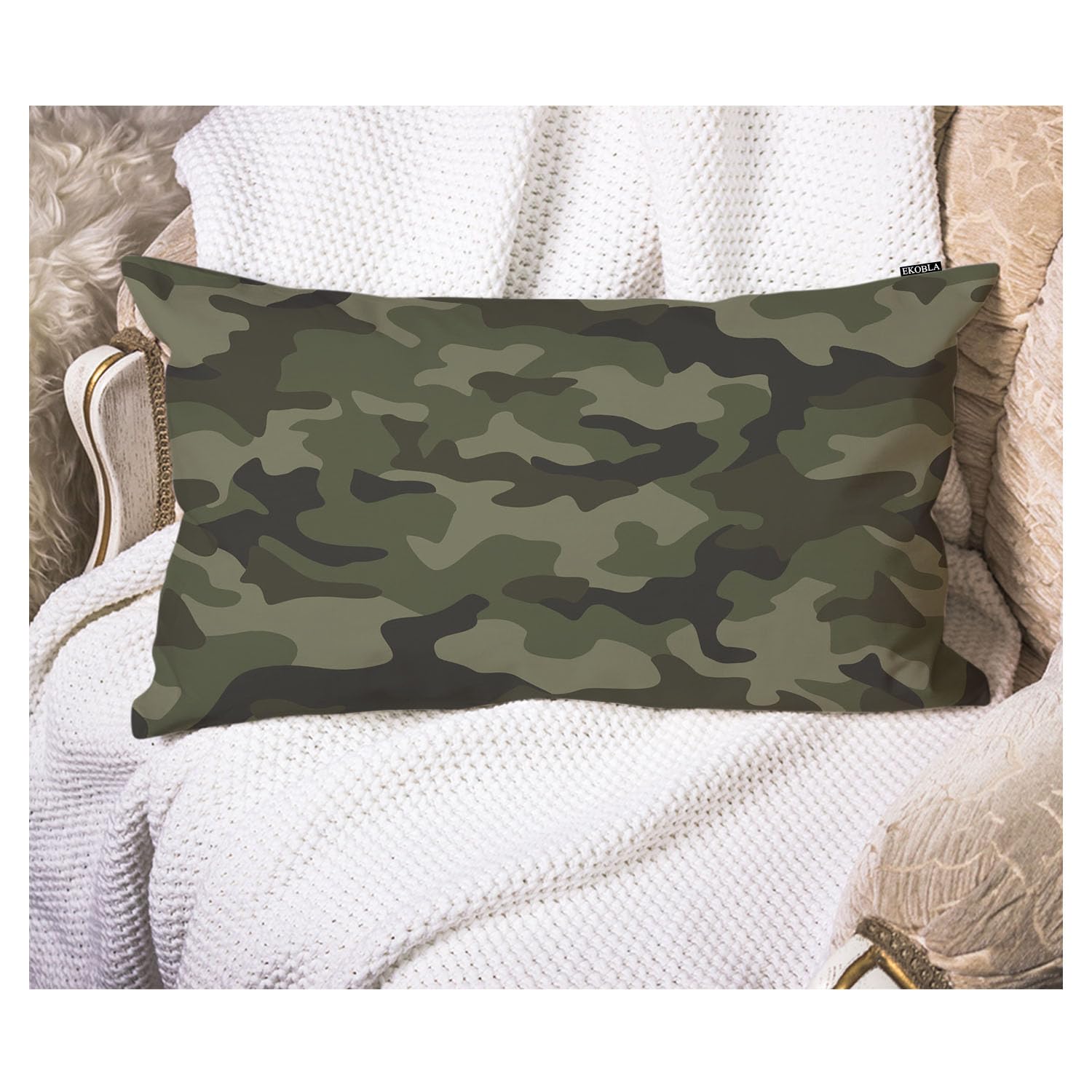 Ekobla Military Camouflage 12X20 Pillow Case Solder Hunting Combat Jungle Green Curve Waist Lumber Cotton Linen Cushion Cover Oblong Rectangle Pillowcase For Home Decoration Bedroom 12X20 Inches