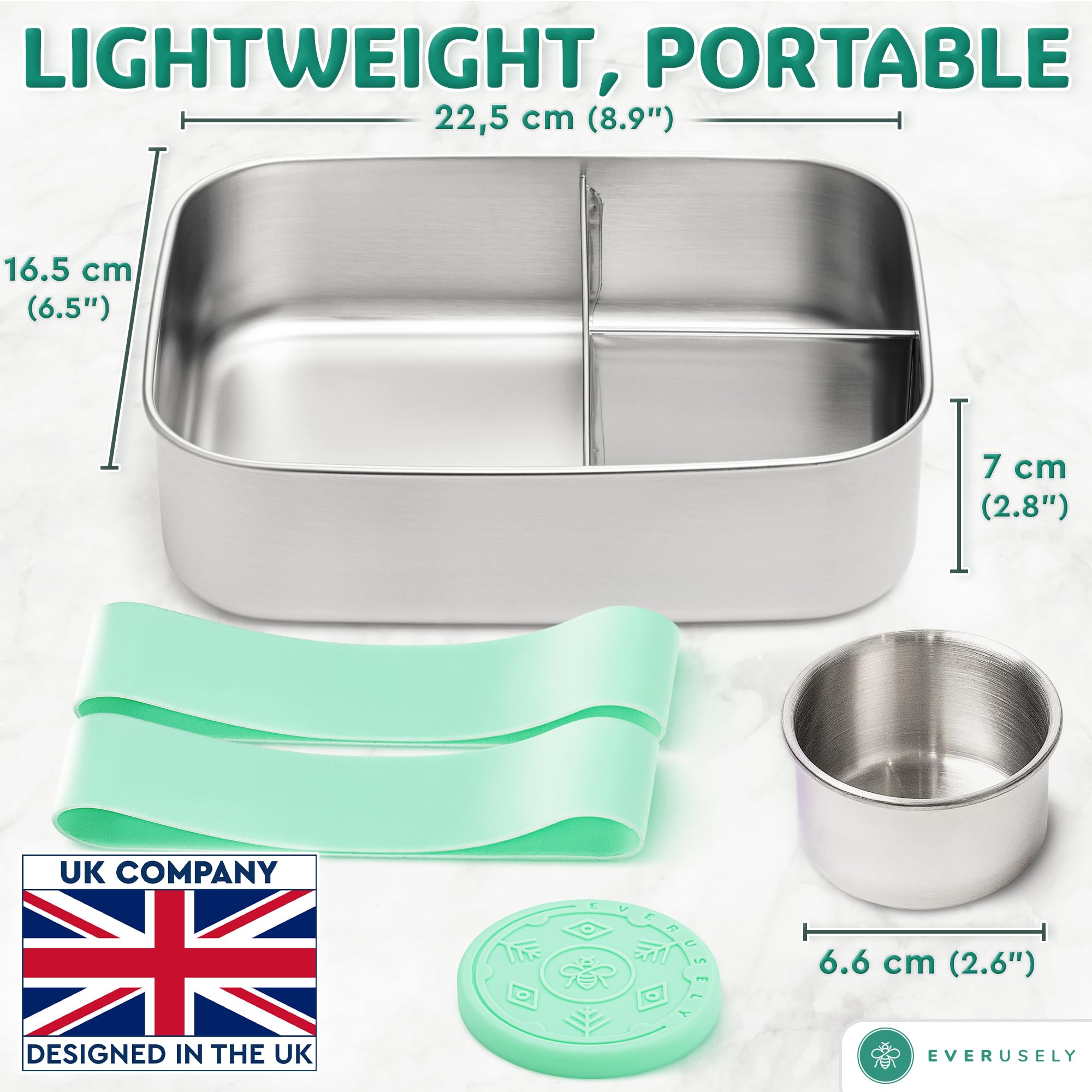 Everusely, Bento Box, Green, 60oz / 1.8 L, Extra Large Stainless Steel Lunch Box with Leakproof Condiment Container - Image 3