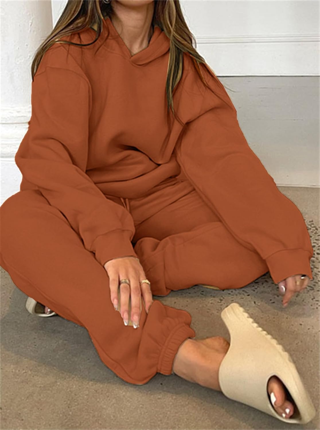 PAODIKUAI Women 2 Piece Outfits Hoodie Sweatsuits Set Sweatpants Long Sleeve Sweatshirt Matching Joggers Tracksuit Sets(orange brown,M) - Image 4