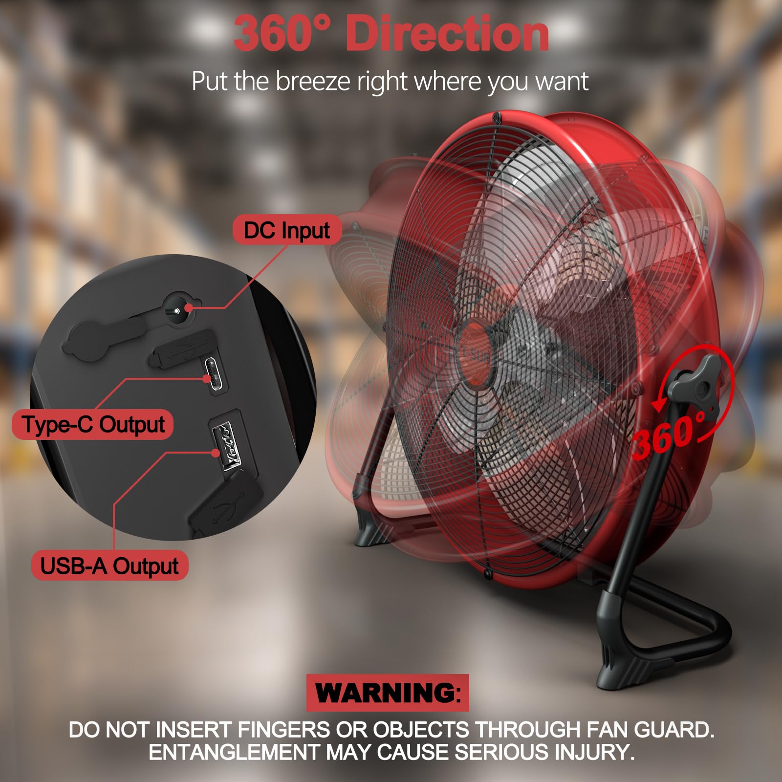 Ventilateur de Sol 40CM compatible avec Batterie Mil-wau-kee/AC-Adaptateur | Réglage Continu des Vitesses | Inclinaison Réglable | Silencieux | Ventilateur Portable pour Camping Garages(Sans Batterie)