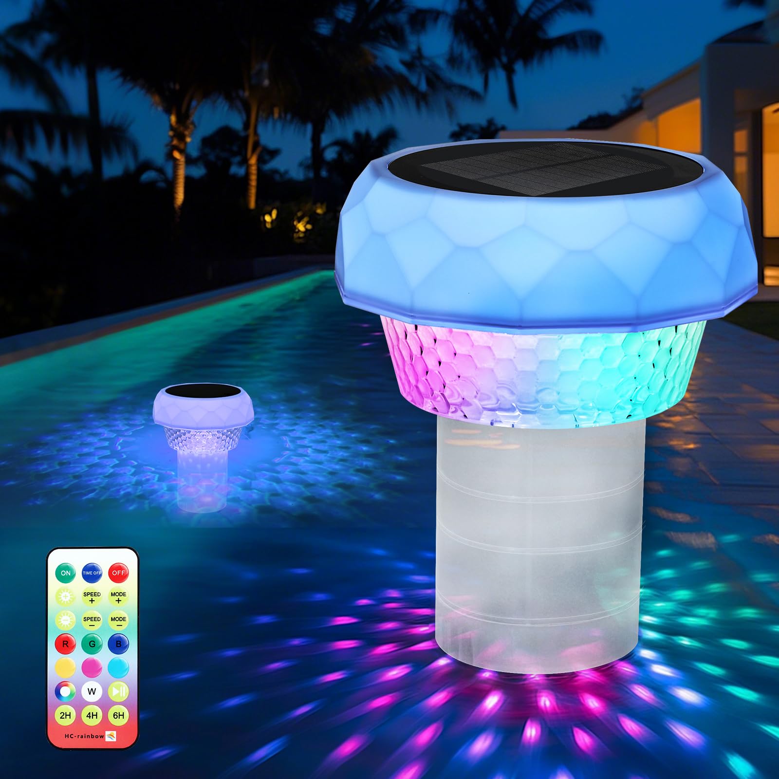 Chlorine Dispenser Pool with LED Solar Light, Floating Chlorine Dispenser Pool Float for Chlorine Tablets with Capacity Adjustment Ring