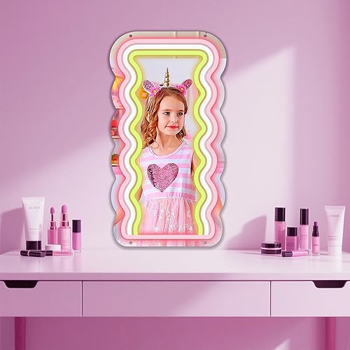 Miniatura 2 de Moneter Espejo ondulado de anime con letreros de neón, regulable para regalo de niñas adolescentes, espejo de maquillaje, bonita decoración de pared
