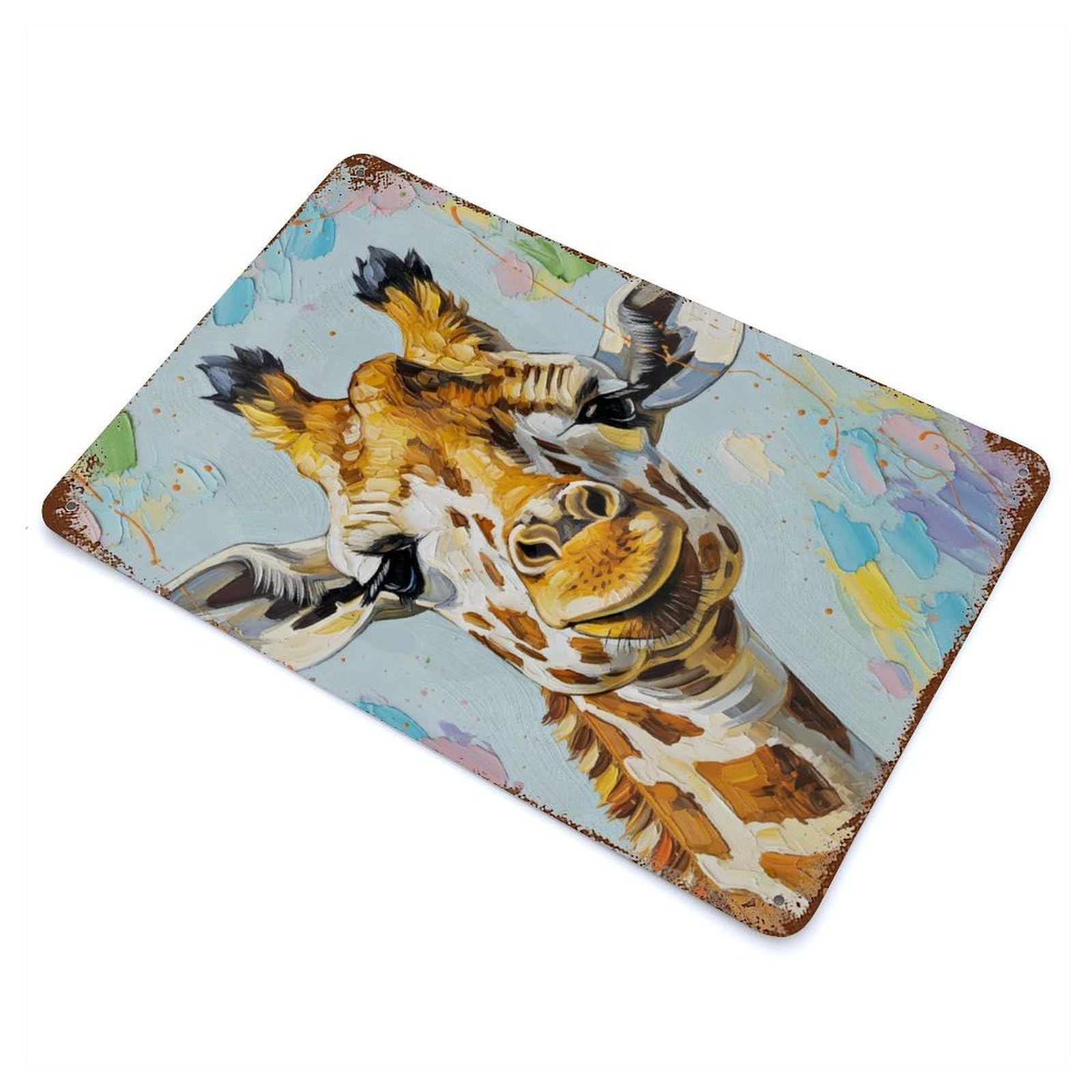 Giraffe Portrait Painting Aged Metal Wall Plaque 11.8"x7.9", Industrial Home Decor for Pub, Kitchen And Man Cave Decor
