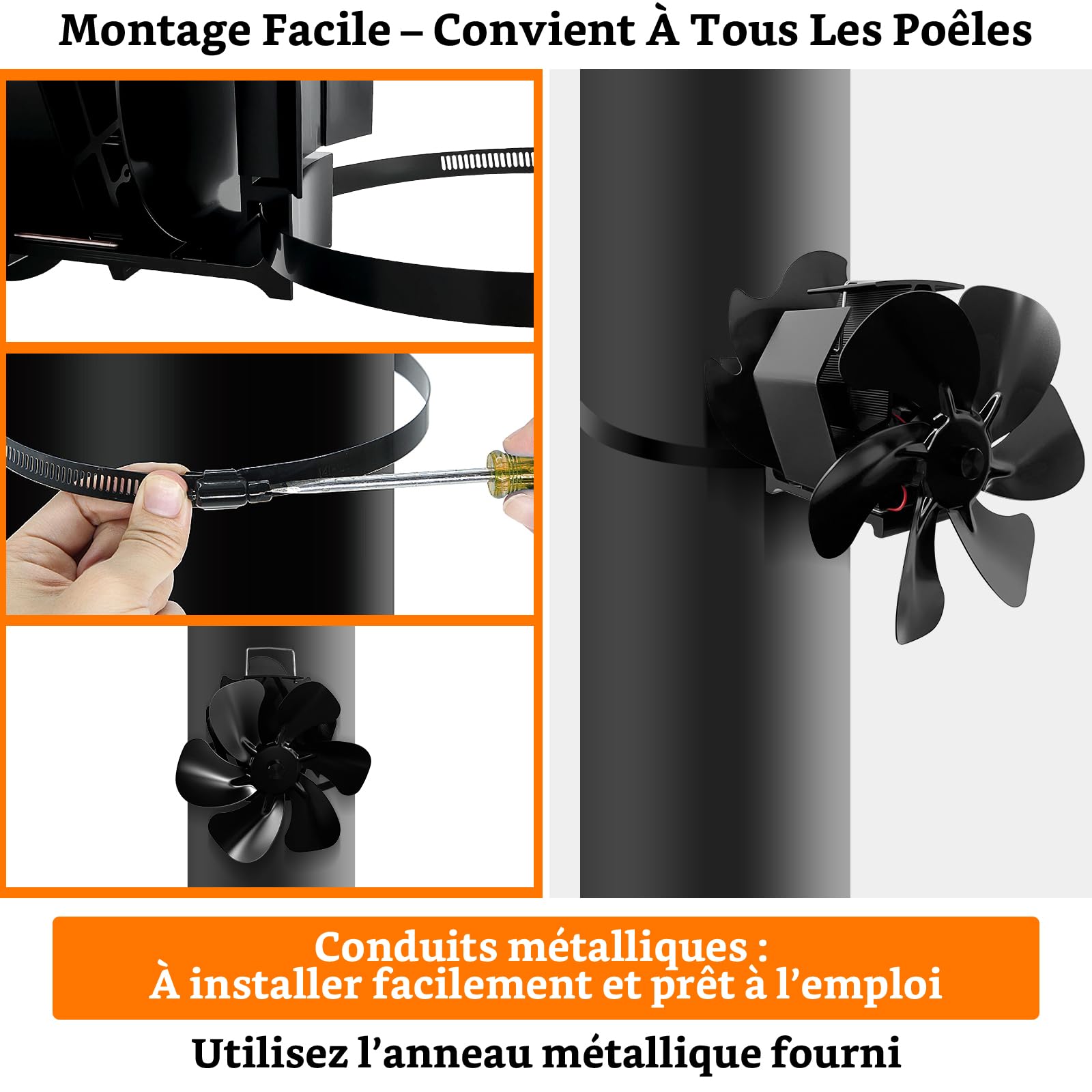 Ventilateur Poele à Bois 6 Pales avec Thermomètre, Ventilateur de Cheminée Alimenté Par la Chaleur pour Poêle à Bois/Cheminée/Gaz/Bûche/Tuyau de Poele(Grand)