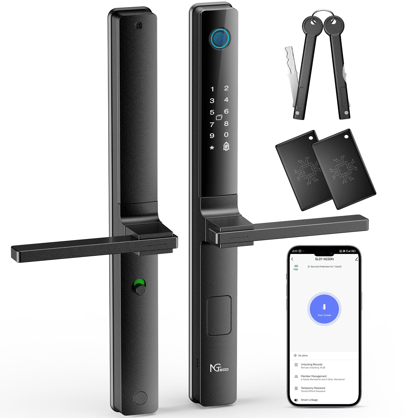 NGTeco Smart Door Lock with Handles, Fingerprint Keyless Security Entry Door Lock, Passcode, IC Card, Fingerprint, Key, WiFi Smart Lock for Narrow-Frame Doors, APP Control